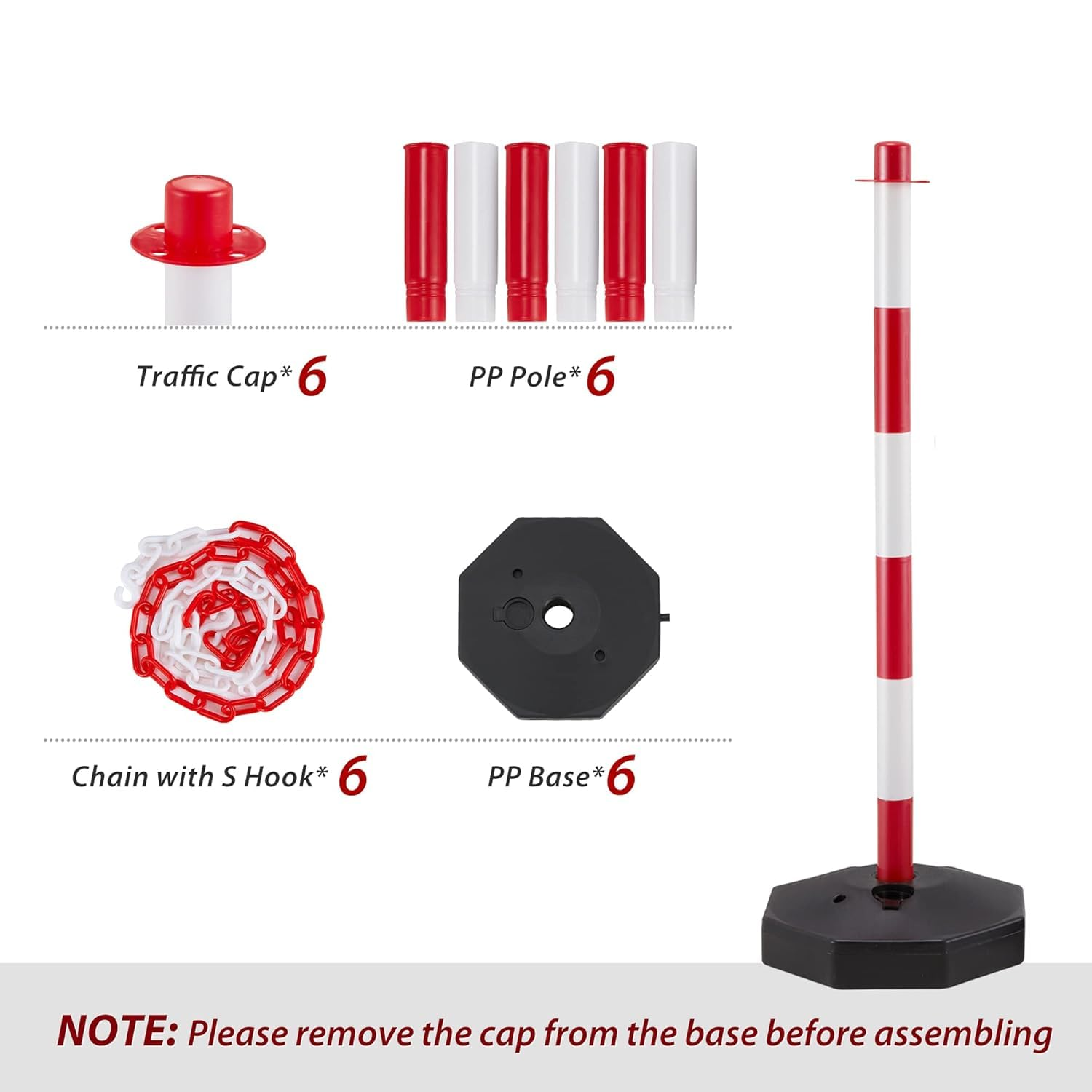 AHB® 6 Pack Traffic Barricade Delineator Post with Fillable Base, Crowd Control Barriers, Cones for Parking Lot, Adjustable Stanchions with 5.4FT Plastic Chain Outdoor and Indoor