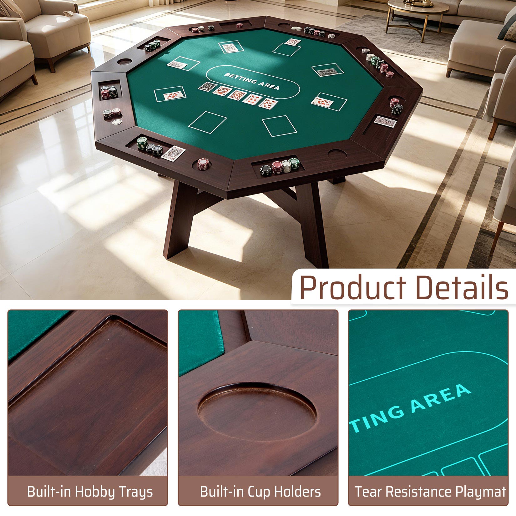 AHB® Solid Wood Octagonal Poker Table Gaming Table for 6-8 Players