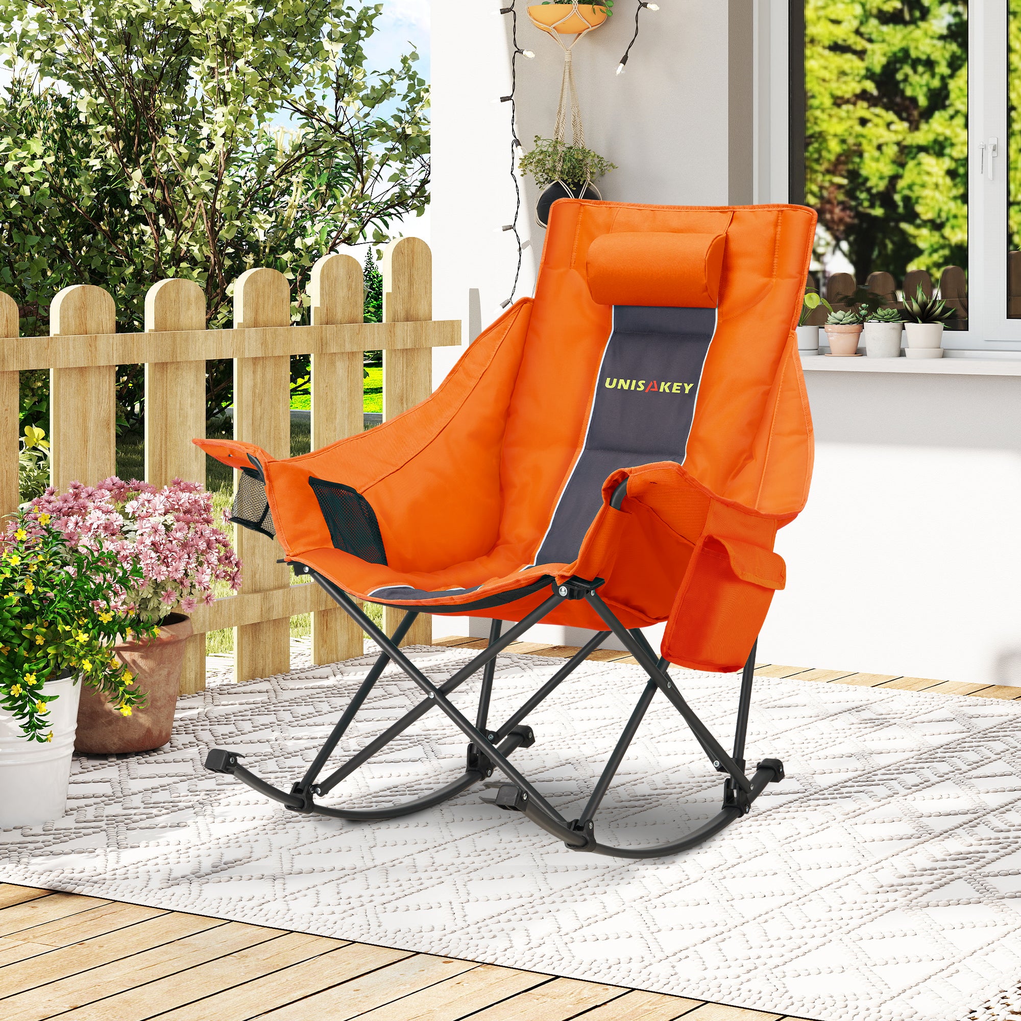 Oversized Rocking Camping Chair with Headrest & Cup Holder - 400lbs Capacity, 600D Oxford Fabric
