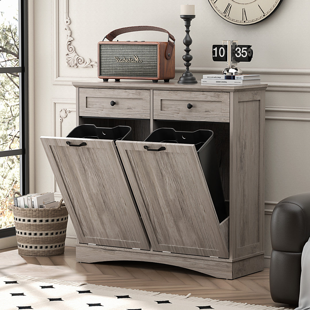 AHB® Double Tilt Out Trash Cabinet, 26 Gallon Trash Can Cabinet with Drawers & Handles for Kitchen