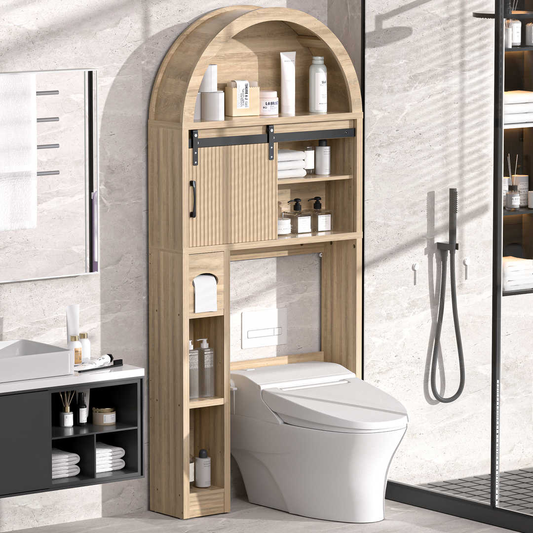 Over The Toilet Storage Cabinet with Wood Grain Doors and Arc Design