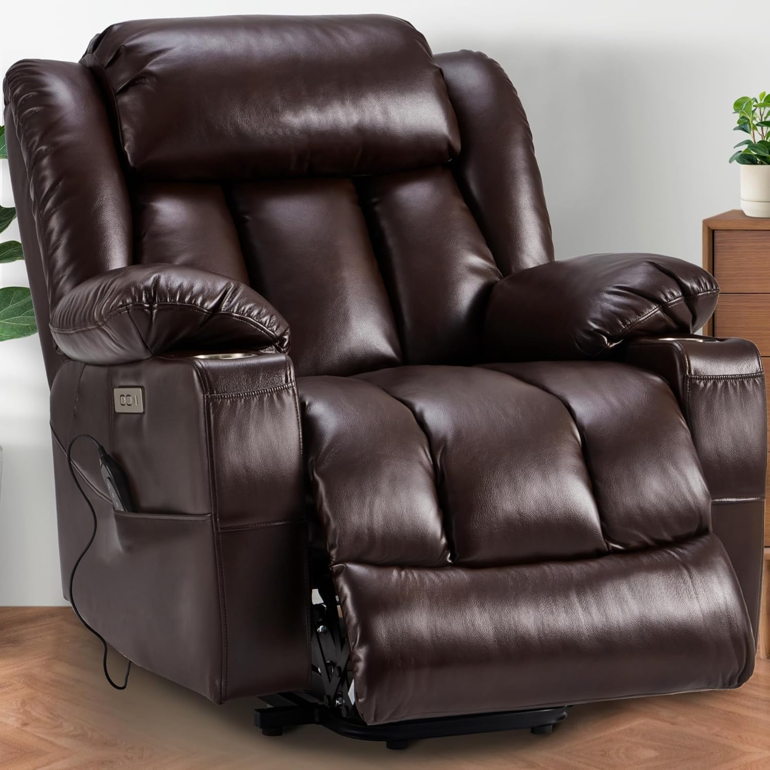 AHB® Power Lift Recliner Leather Chair Sofa with Massage & Heat, Lazy Boy Chair with Cup Holders, USB & Type-C Ports, Remote Control
