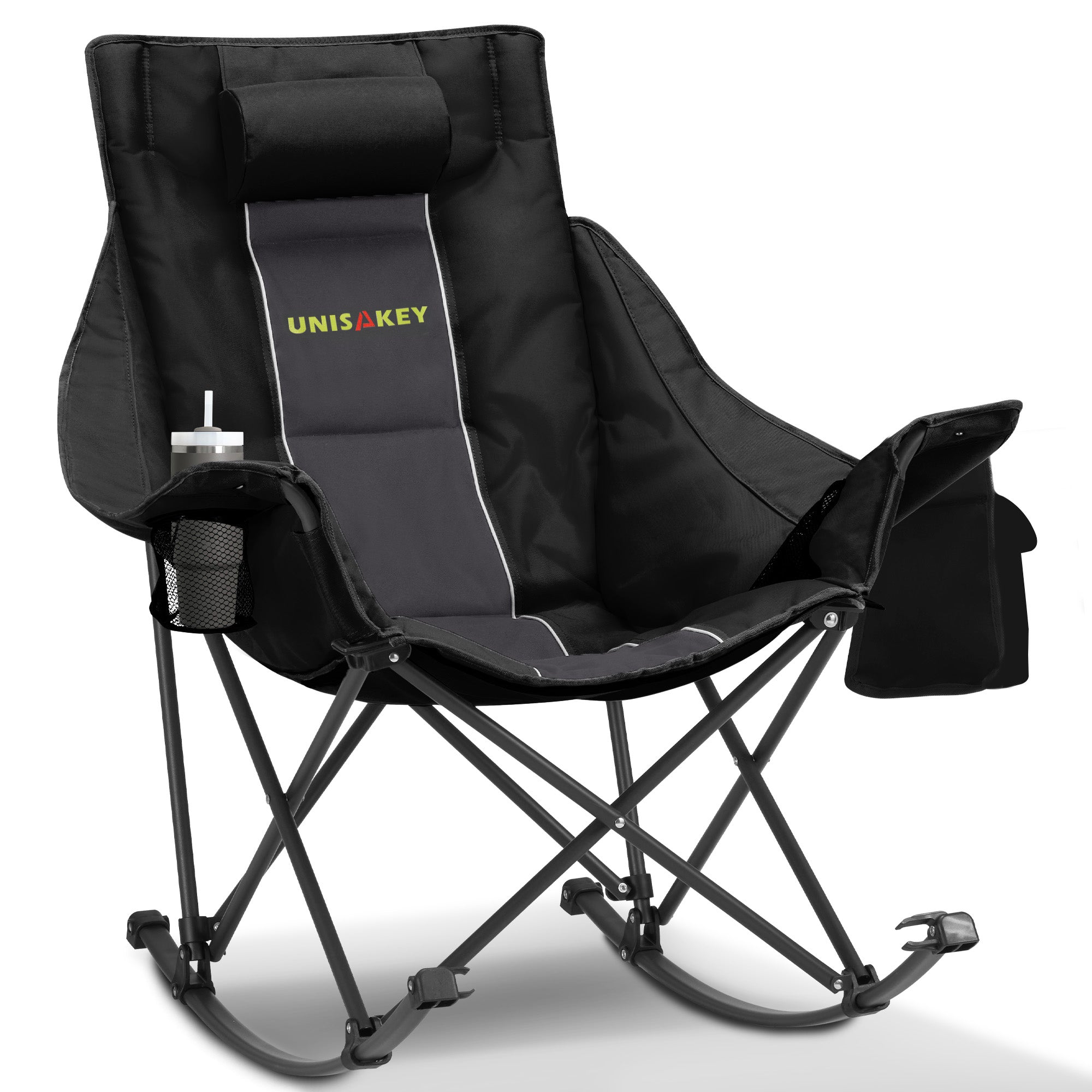 Oversized Rocking Camping Chair with Headrest & Cup Holder - 400lbs Capacity, 600D Oxford Fabric