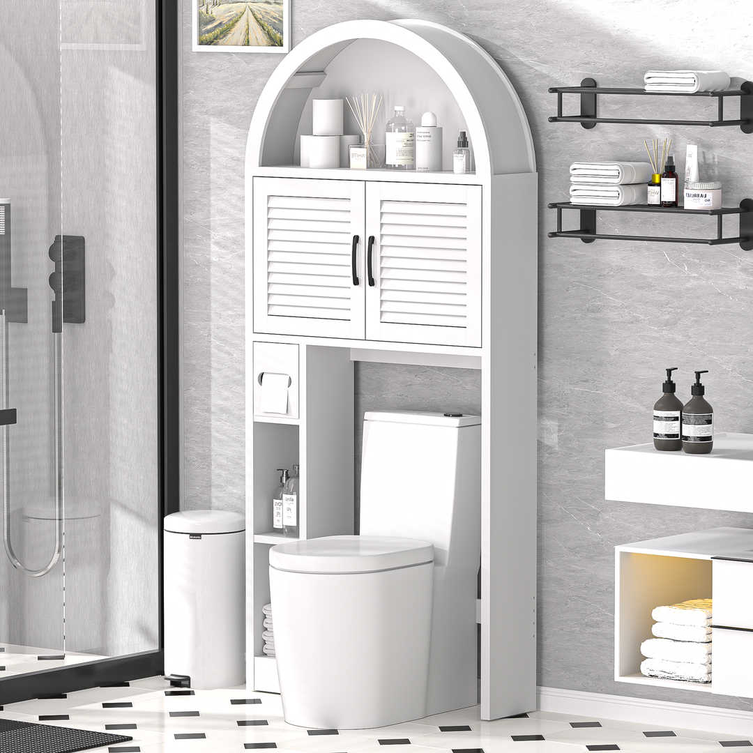 Over The Toilet Storage Cabinet with Wood Grain Doors and Arc Design