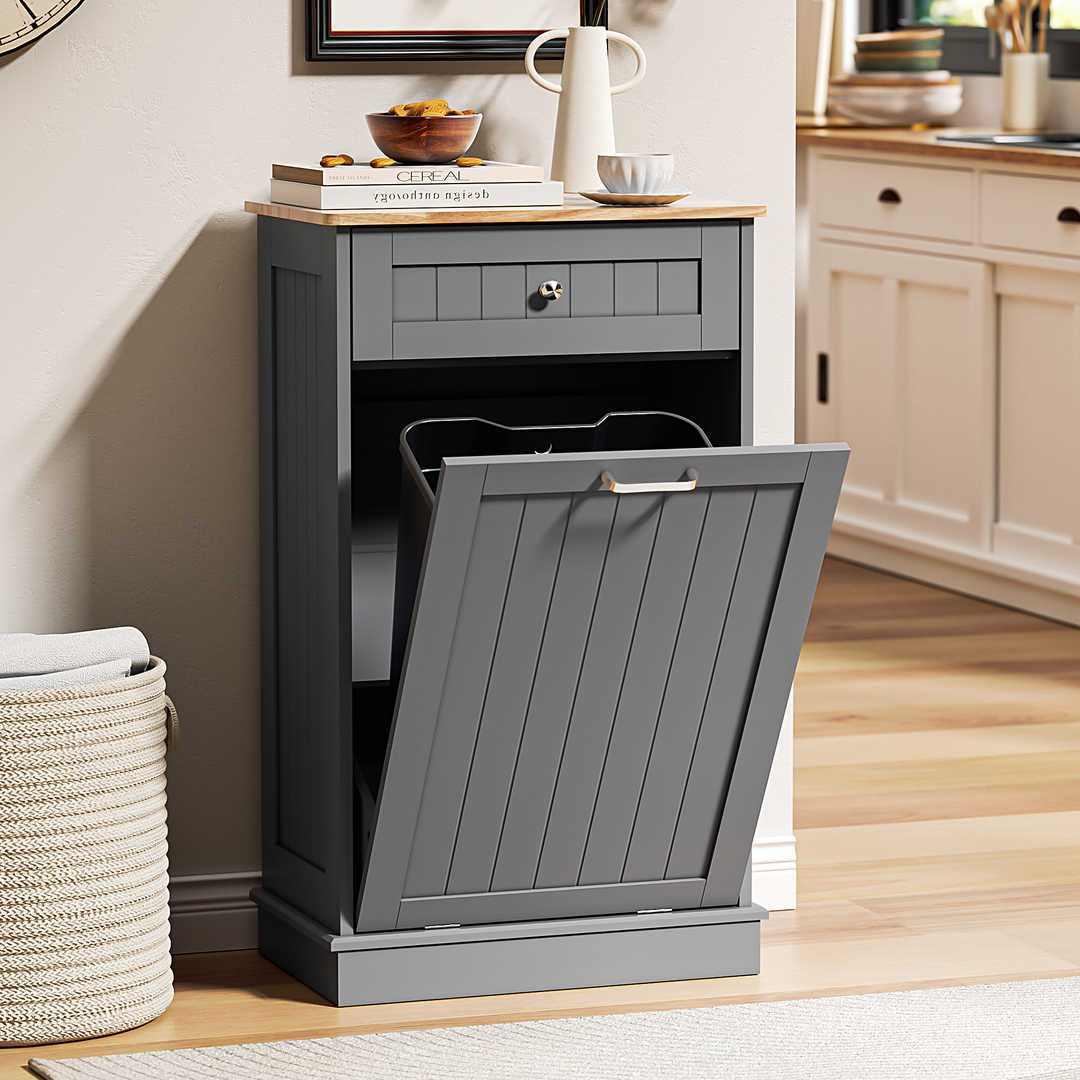 Single Tilt Out Trash Cabinet for 13 Gallon Waste Bin, Free Standing Kitchen Trash Can Cabinet with Drawers