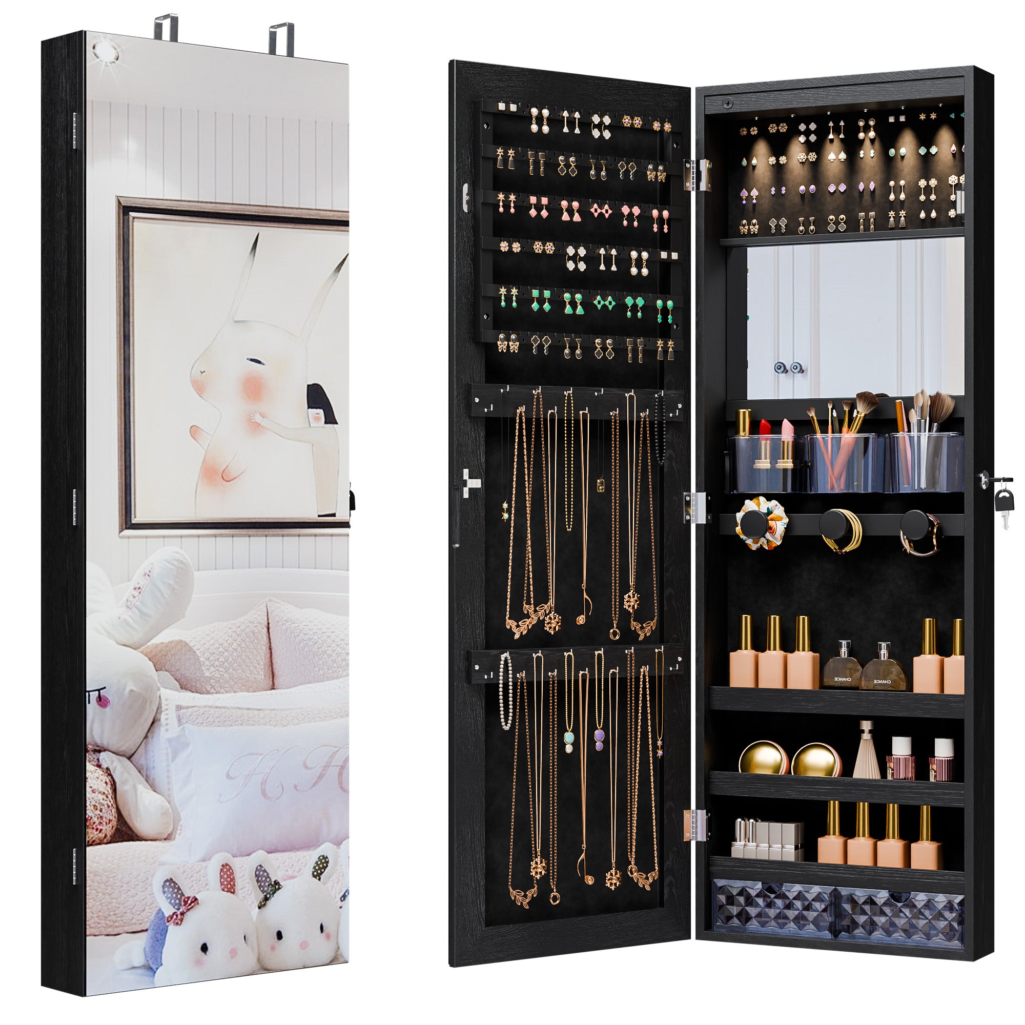 Mirror Jewelry Cabinet,Lockable Wall or Door Mounted Jewelry Armoire Organizer 14.4"x3.15"x 43.1"