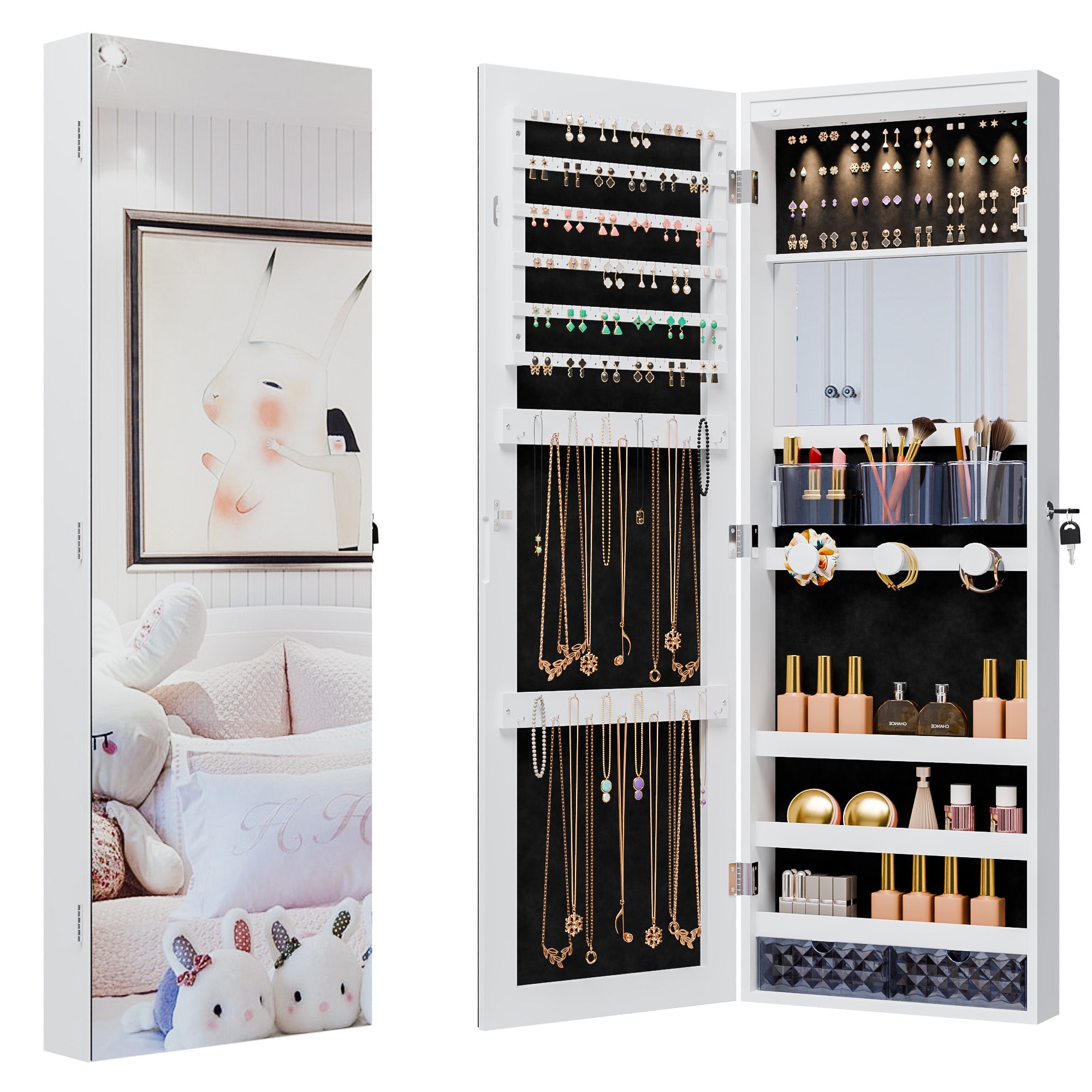 Mirror Jewelry Cabinet,Lockable Wall or Door Mounted Jewelry Armoire Organizer 14.4"x3.15"x 43.1"