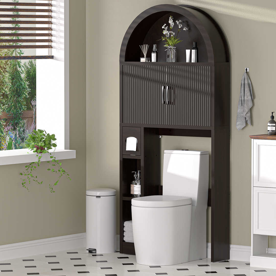 Over The Toilet Storage Cabinet with Wood Grain Doors and Arc Design