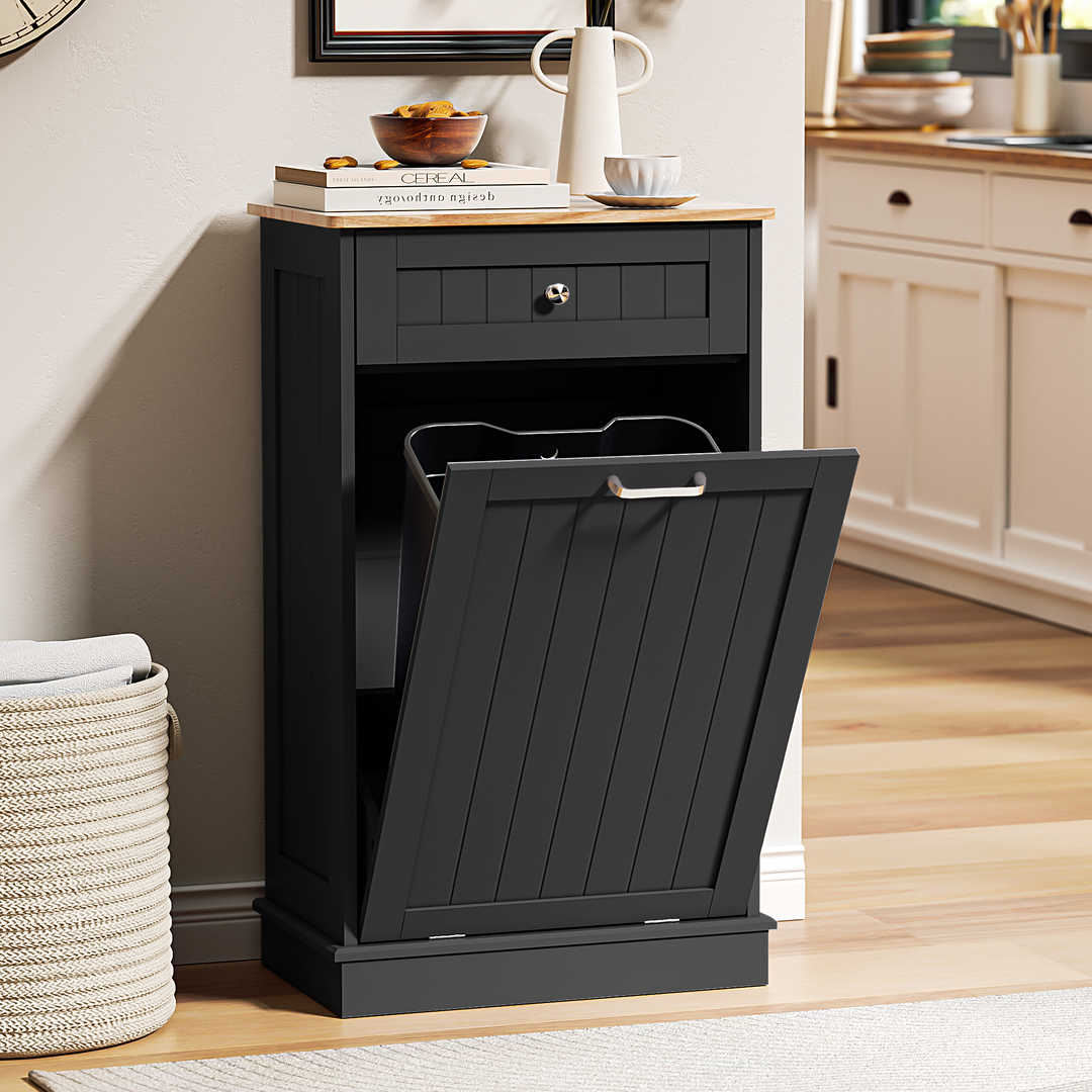 Single Tilt Out Trash Cabinet for 13 Gallon Waste Bin, Free Standing Kitchen Trash Can Cabinet with Drawers