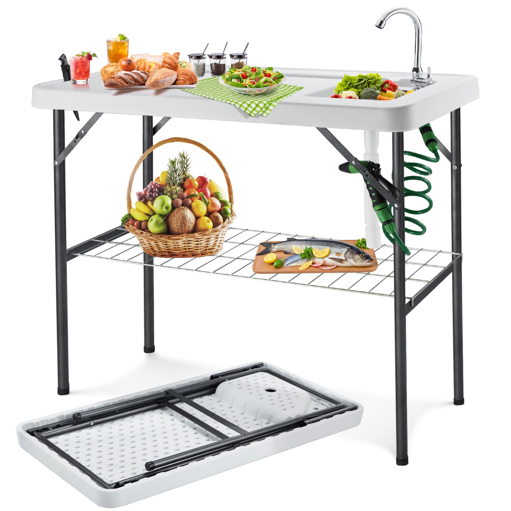 AHB® Folding Fish Cleaning Table Portable Camping Sink with Faucet Drainage Hose & Sprayer