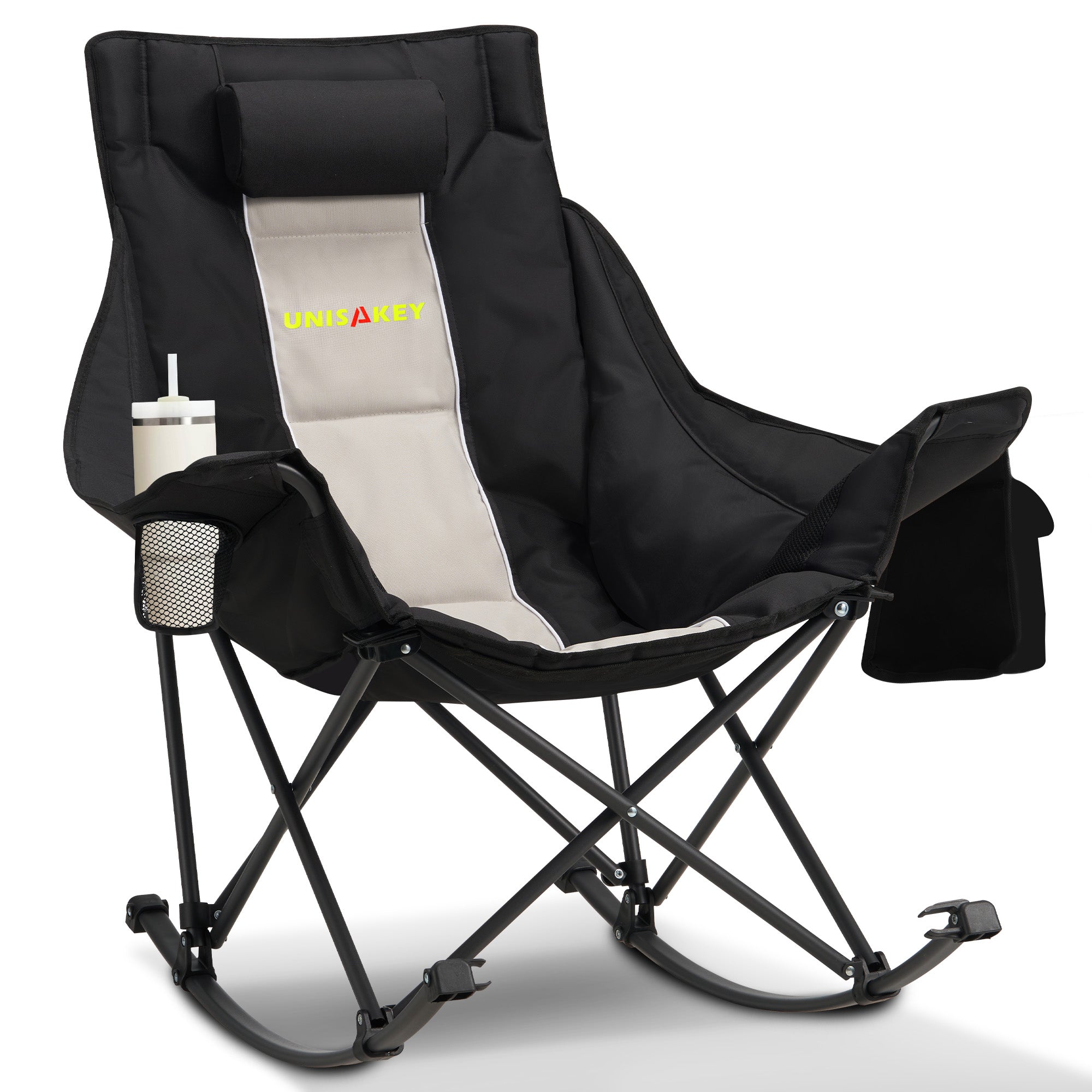 Oversized Rocking Camping Chair with Headrest & Cup Holder - 400lbs Capacity, 600D Oxford Fabric