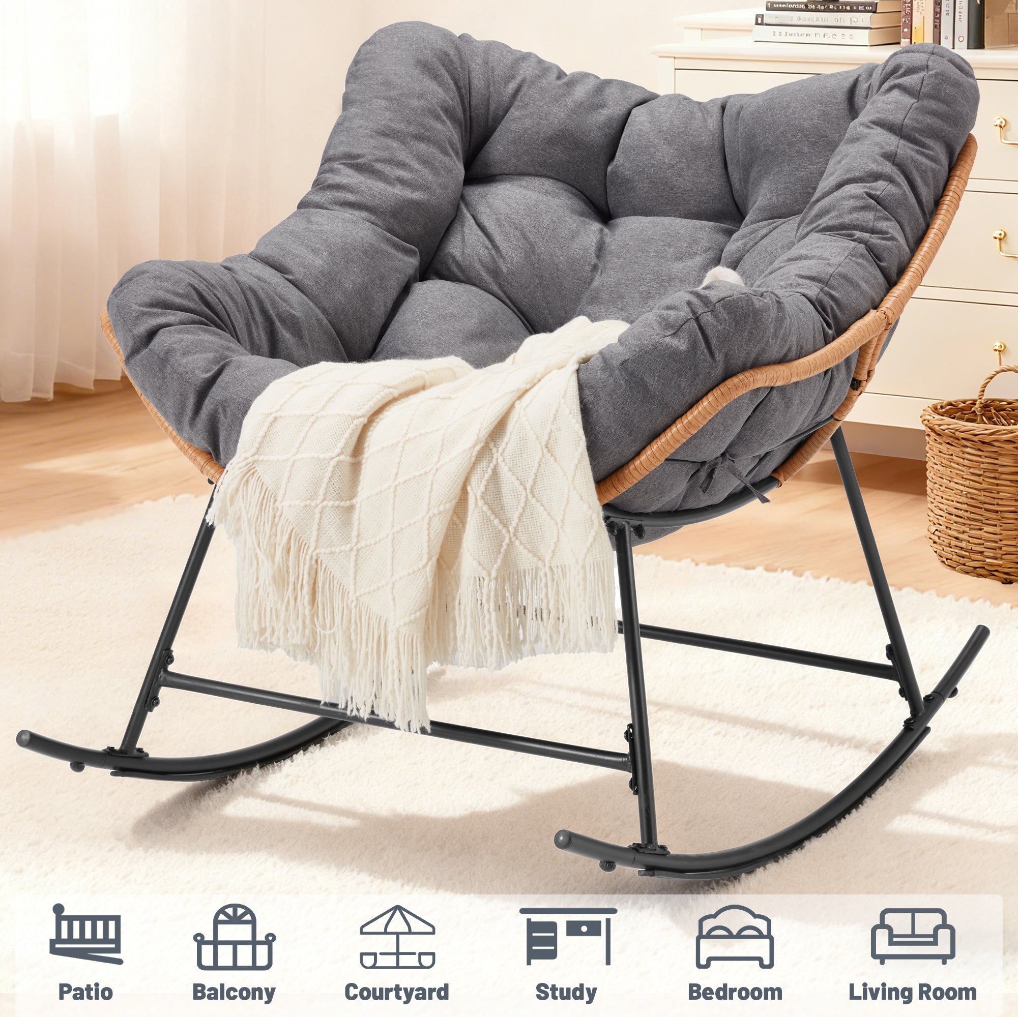 AHB® Oversized Indoor Rocking Chair with Thick Cushion, Cozy Egg-Shaped Wicker for Bedroom, Living room, Patio, Courtyard