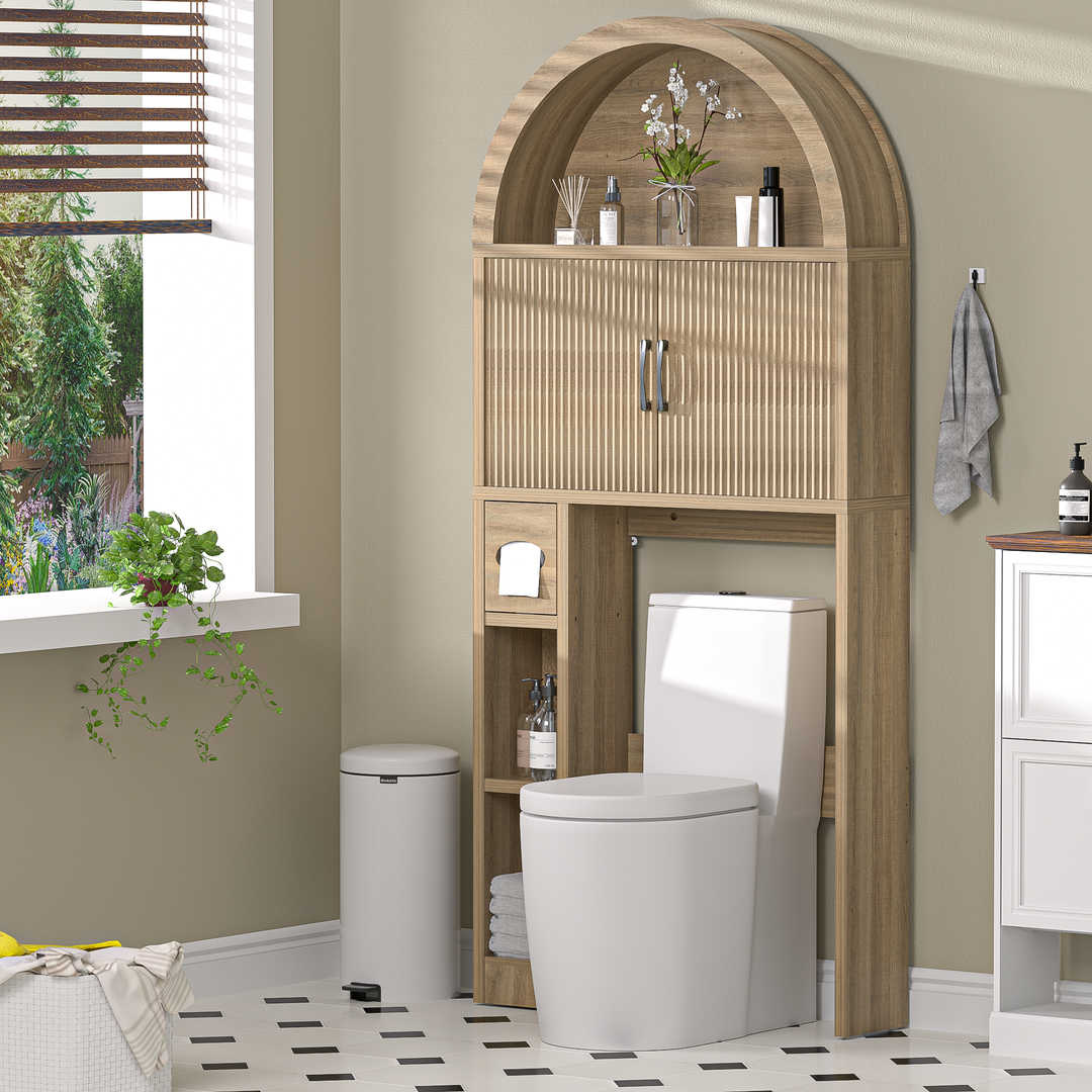 Over The Toilet Storage Cabinet with Wood Grain Doors and Arc Design