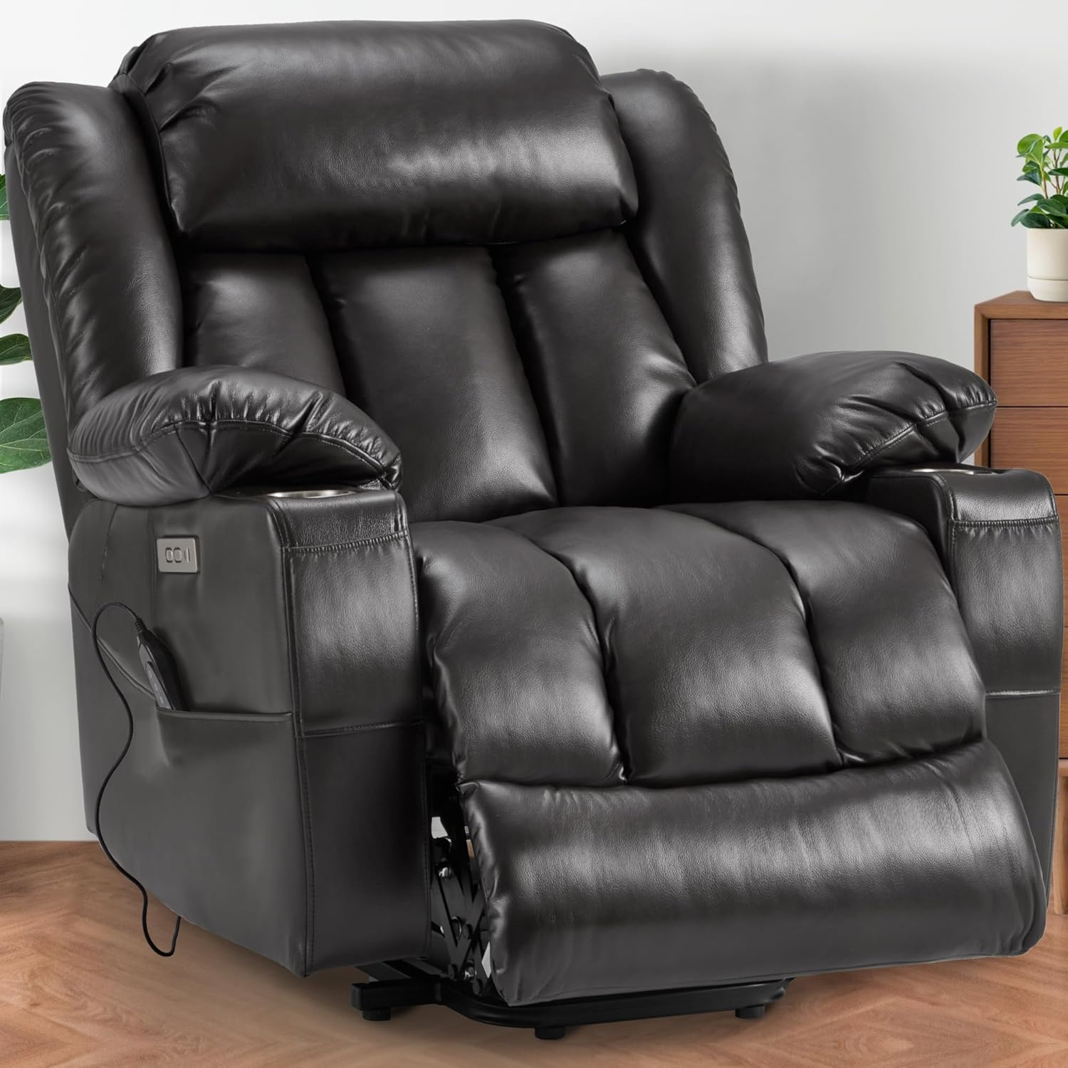 AHB® Power Lift Recliner Leather Chair Sofa with Massage & Heat, Lazy Boy Chair with Cup Holders, USB & Type-C Ports, Remote Control