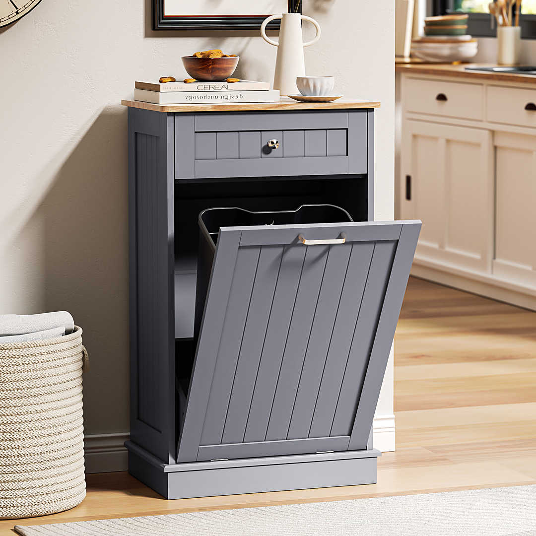 Single Tilt Out Trash Cabinet for 13 Gallon Waste Bin, Free Standing Kitchen Trash Can Cabinet with Drawers