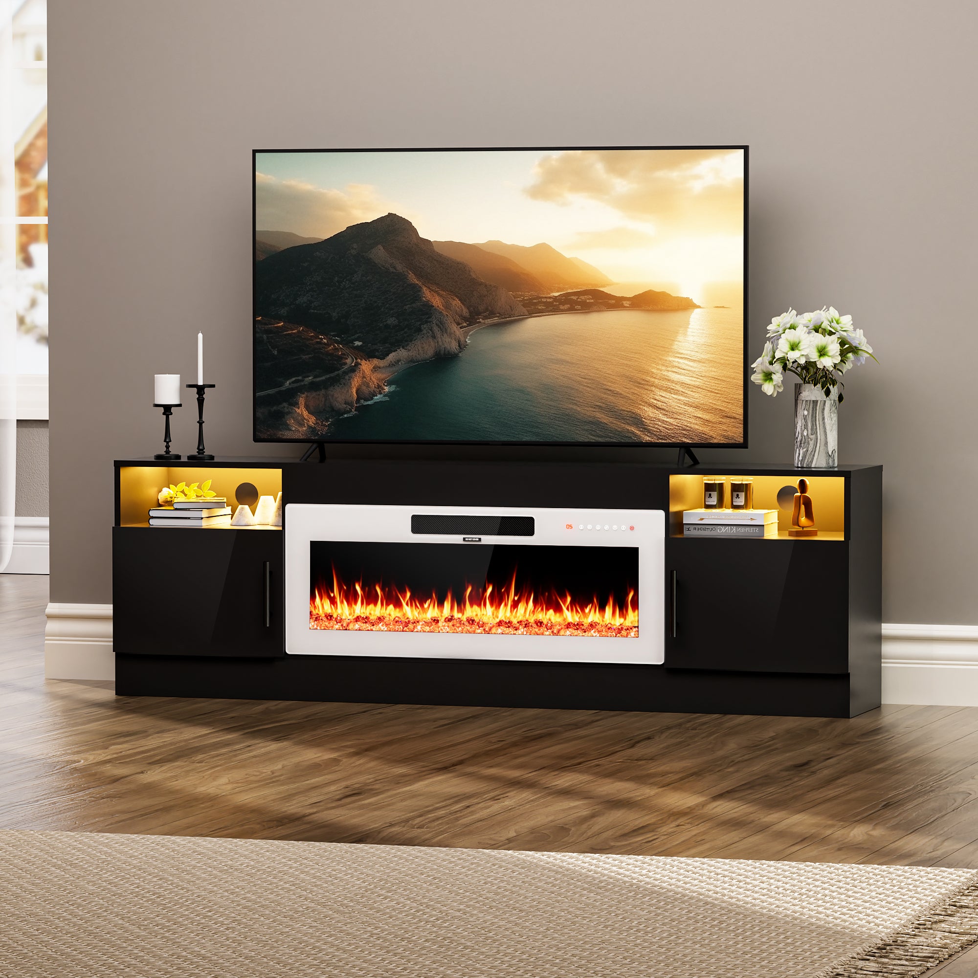 AHB® 80” TV Stand with 36" Electric Fireplace for TVs Up to 90 inch, LED Light Entertainment Center with High Gloss Door