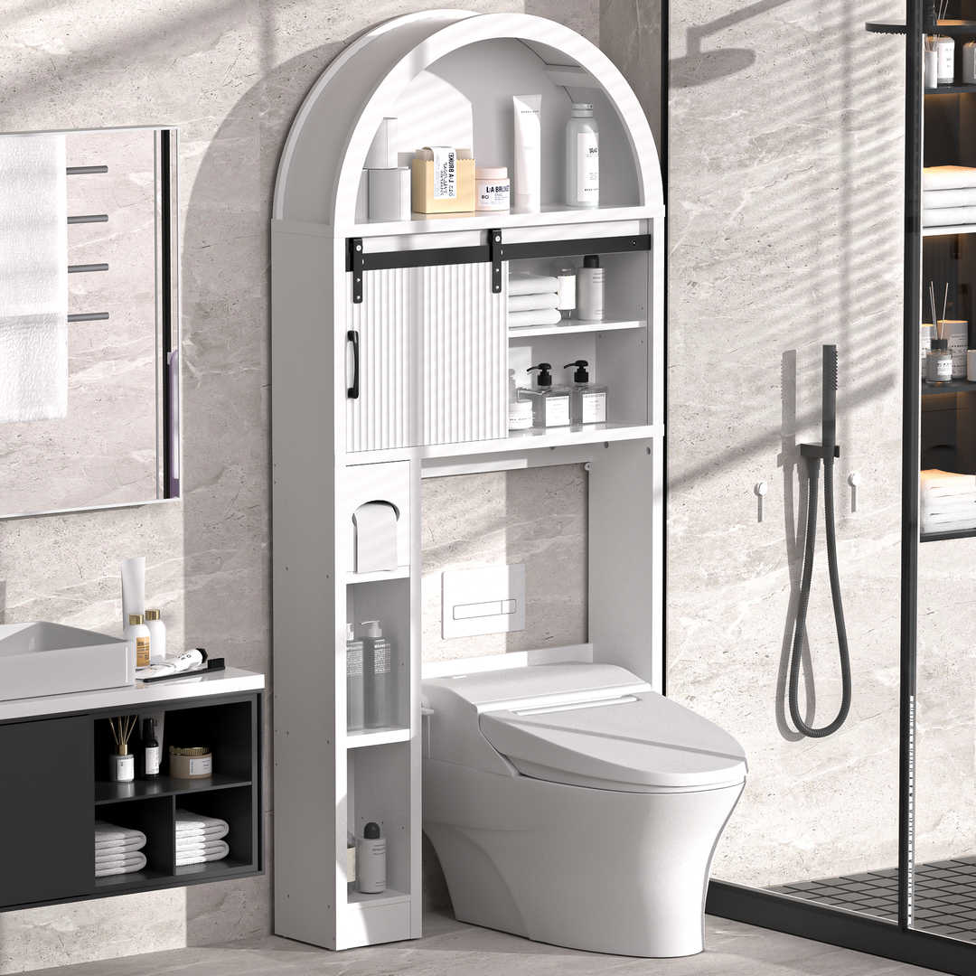 Over The Toilet Storage Cabinet with Wood Grain Doors and Arc Design