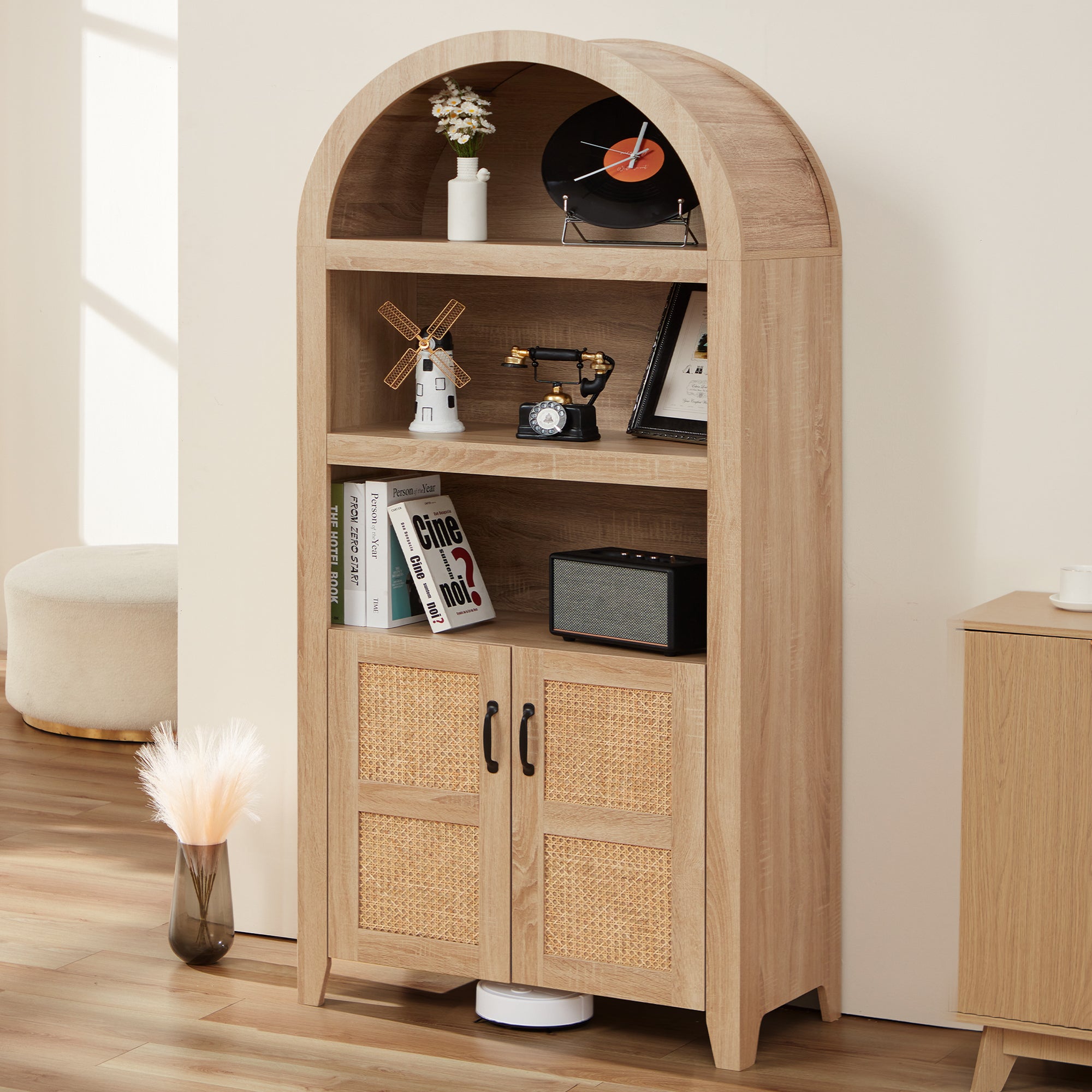 72" Arched Cabinet with Woven Rattan Door and Adjustable Shelves. A Versatile Storage Piece for Kitchen or Living Room