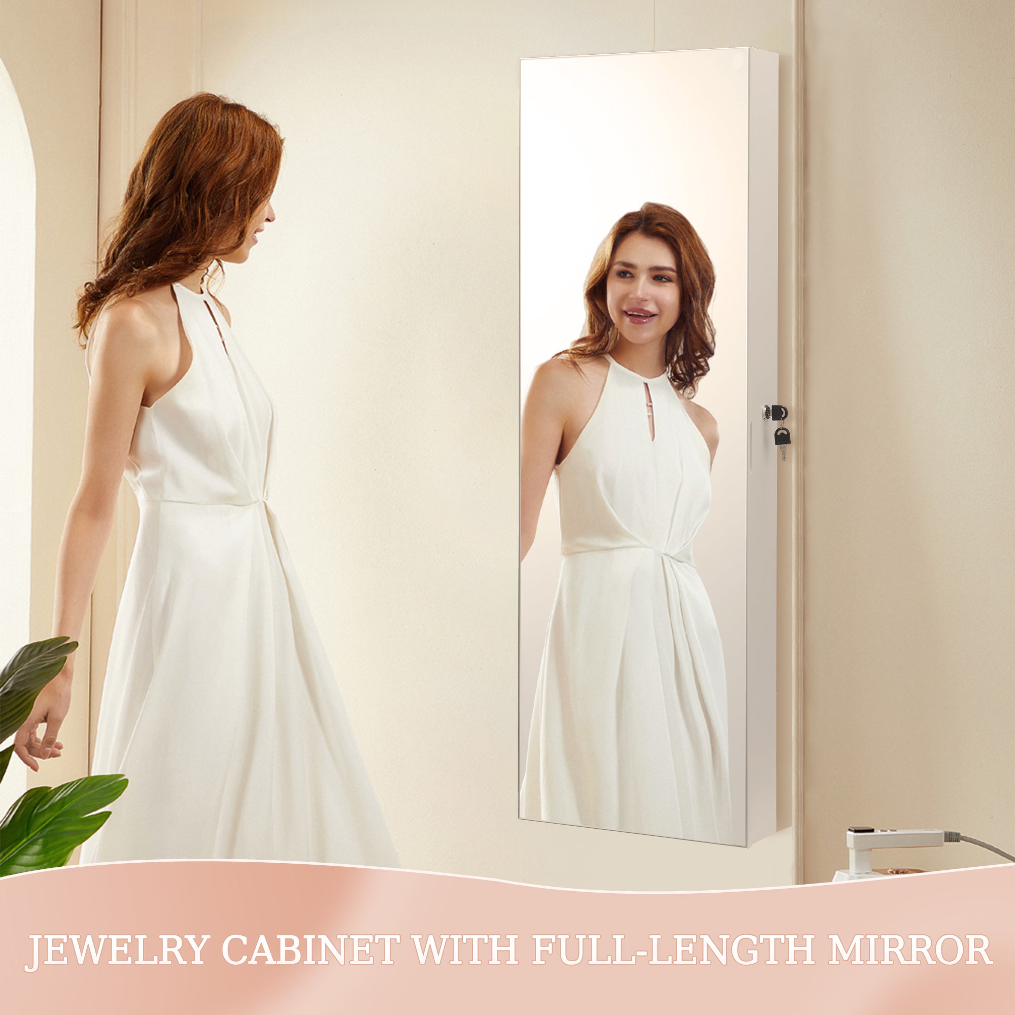 Mirror Jewelry Cabinet,Lockable Wall or Door Mounted Jewelry Armoire Organizer 14.4"x3.15"x 43.1"