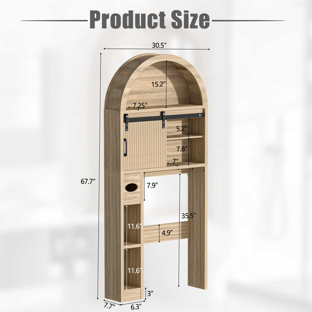 Over The Toilet Storage Cabinet with Wood Grain Doors and Arc Design