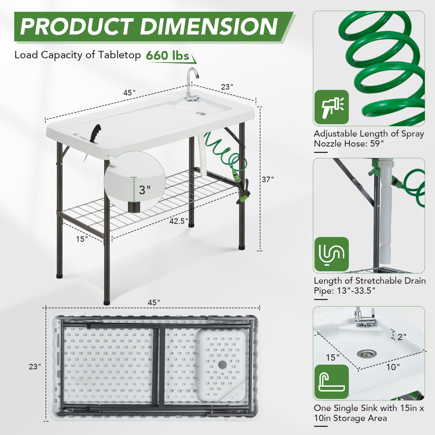 AHB® Folding Fish Cleaning Table Portable Camping Sink with Faucet Drainage Hose & Sprayer