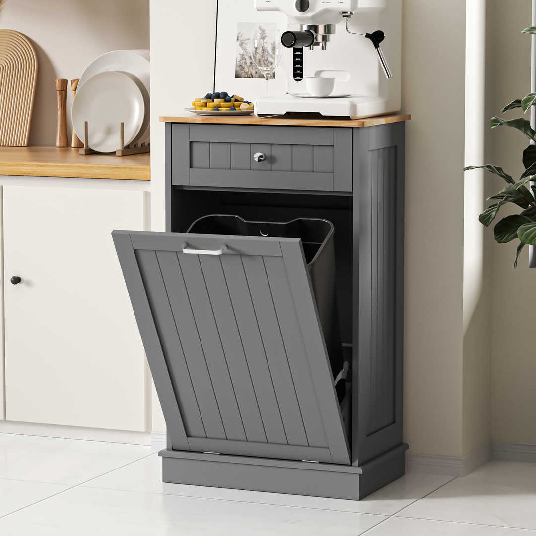 Single Tilt Out Trash Cabinet for 13 Gallon Waste Bin, Free Standing Kitchen Trash Can Cabinet with Drawers