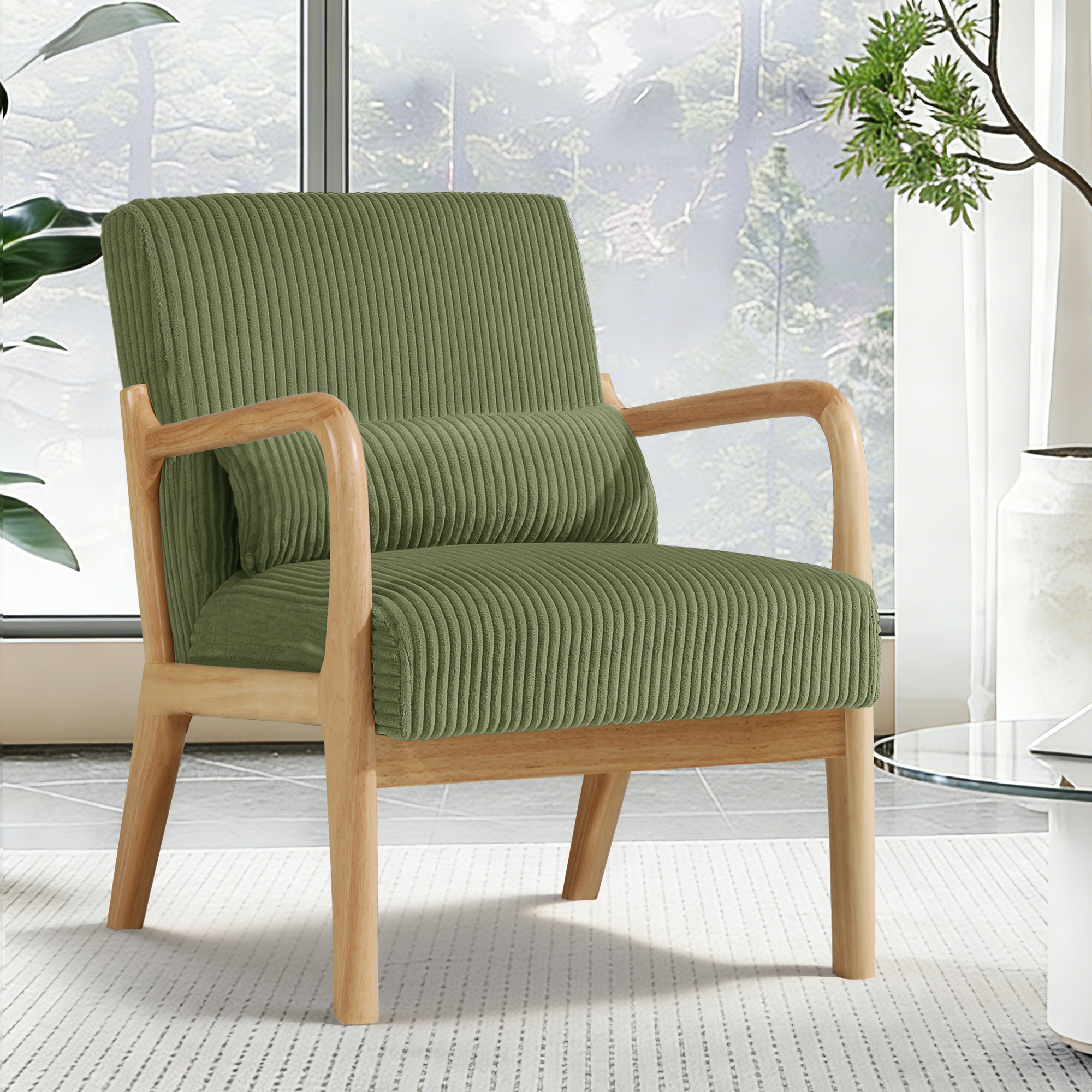 Mid-Century Accent Chair， Modern Armchair with Waist Cushion, Comfy Single Sitting Seat up to 450lbs