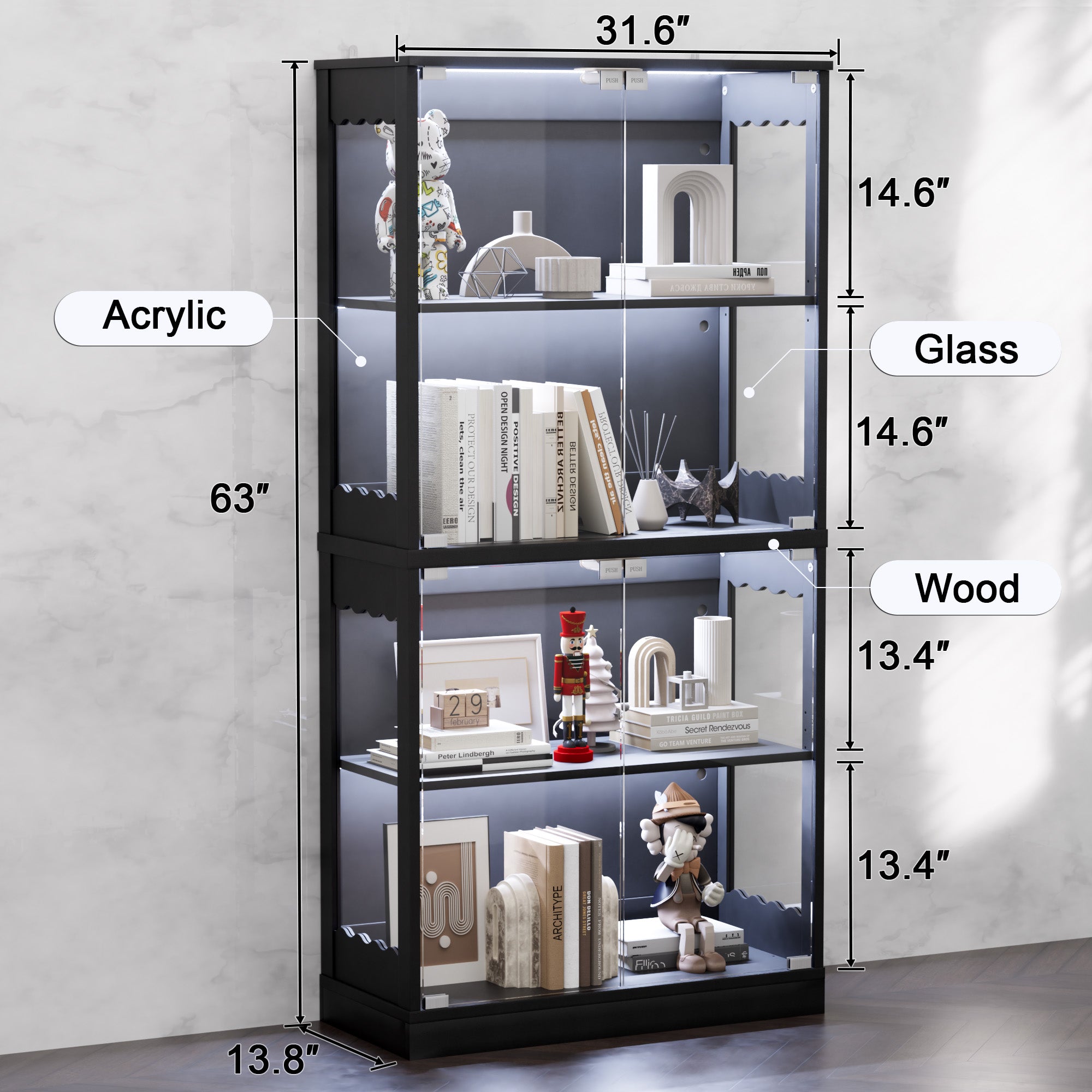 Display Cabinet with Glass Doors, 63" 4-Tier Wood Display Case with RGB Lights for Collectibles, Tall Curio Cabinet Anti-Tipping with Adjustable Shelves for Living Room, Study