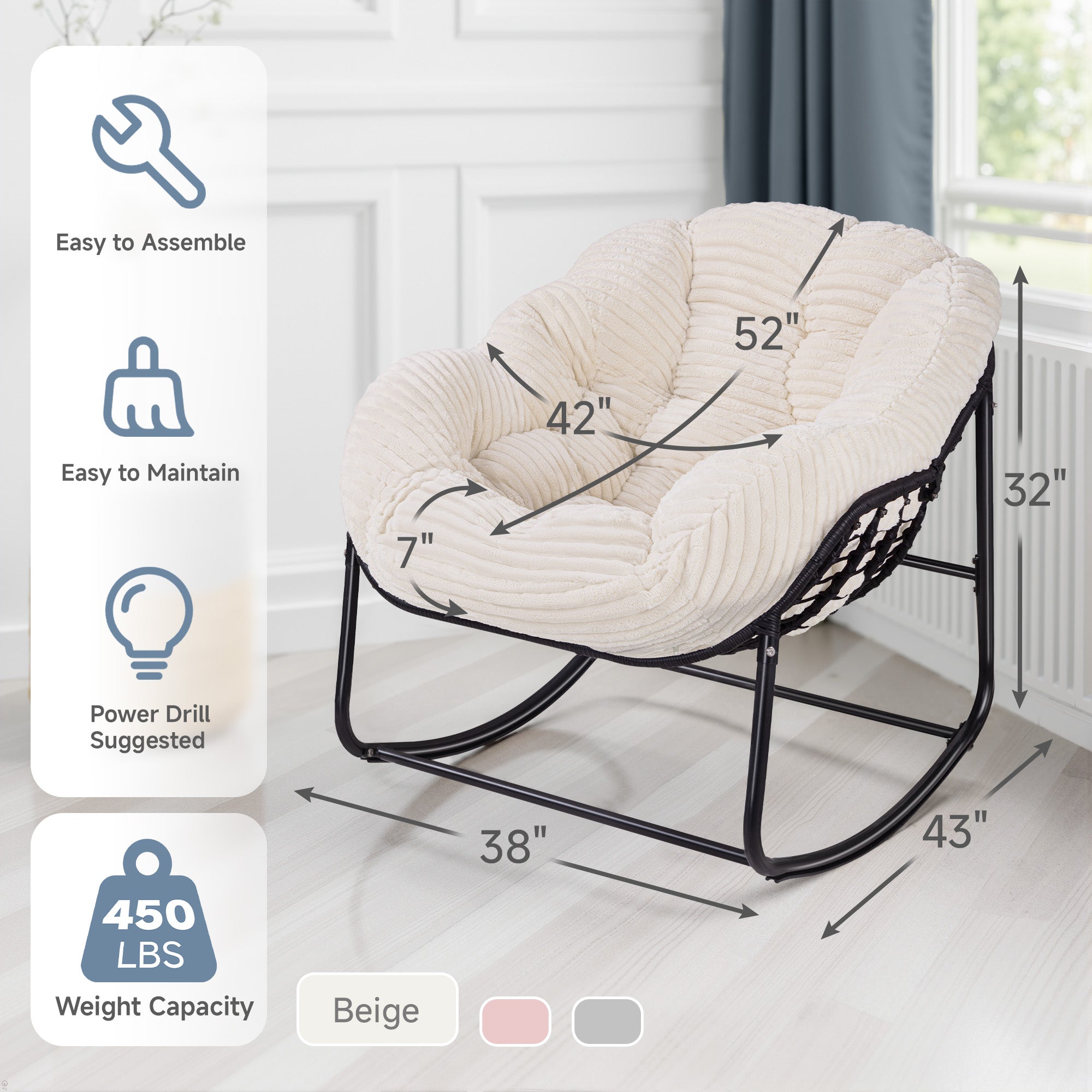 AHB® Oversized Indoor/Outdoor Egg Rocking Chair with Thick Corduroy Cushion, Straps & Modern Wicker Design