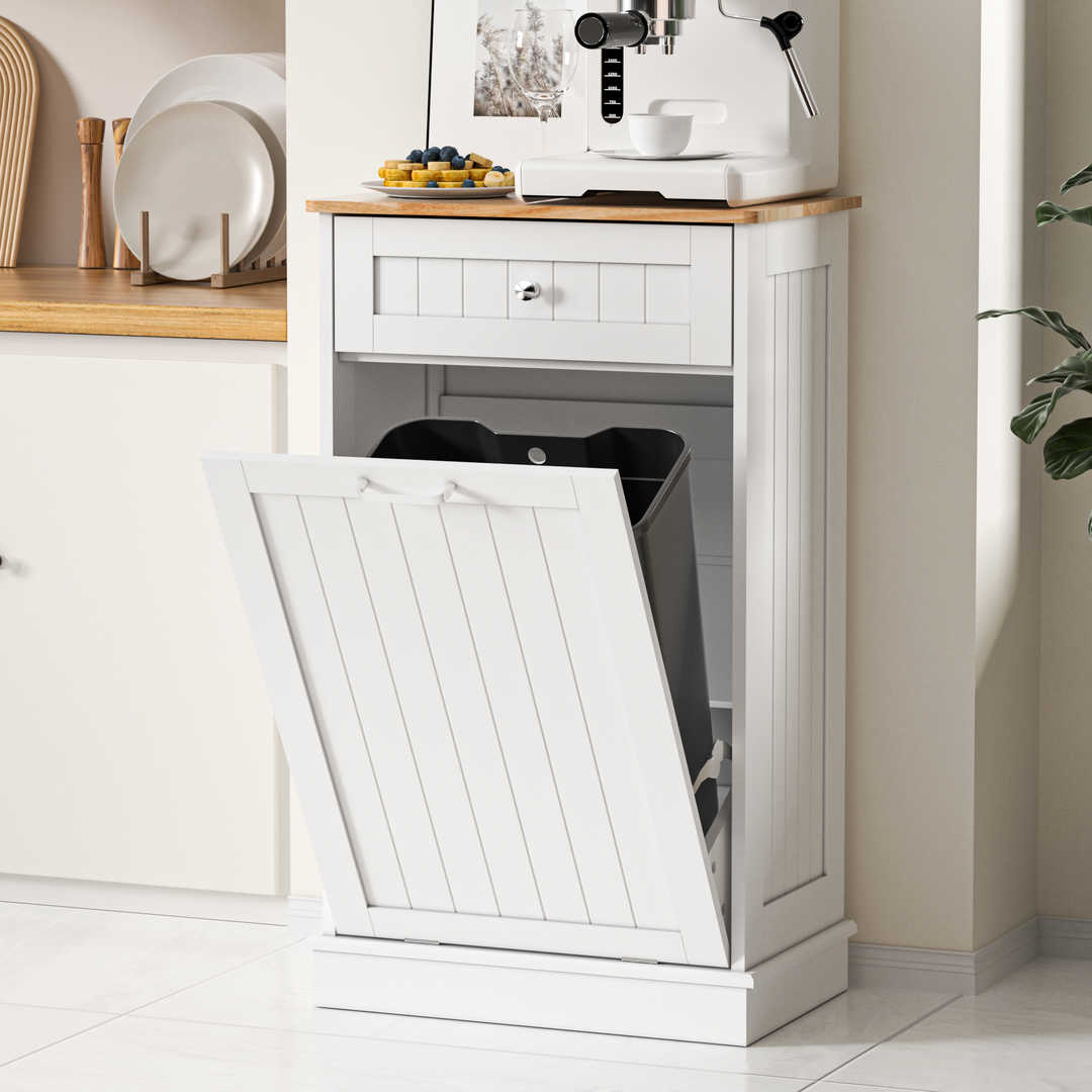 Single Tilt Out Trash Cabinet for 13 Gallon Waste Bin, Free Standing Kitchen Trash Can Cabinet with Drawers