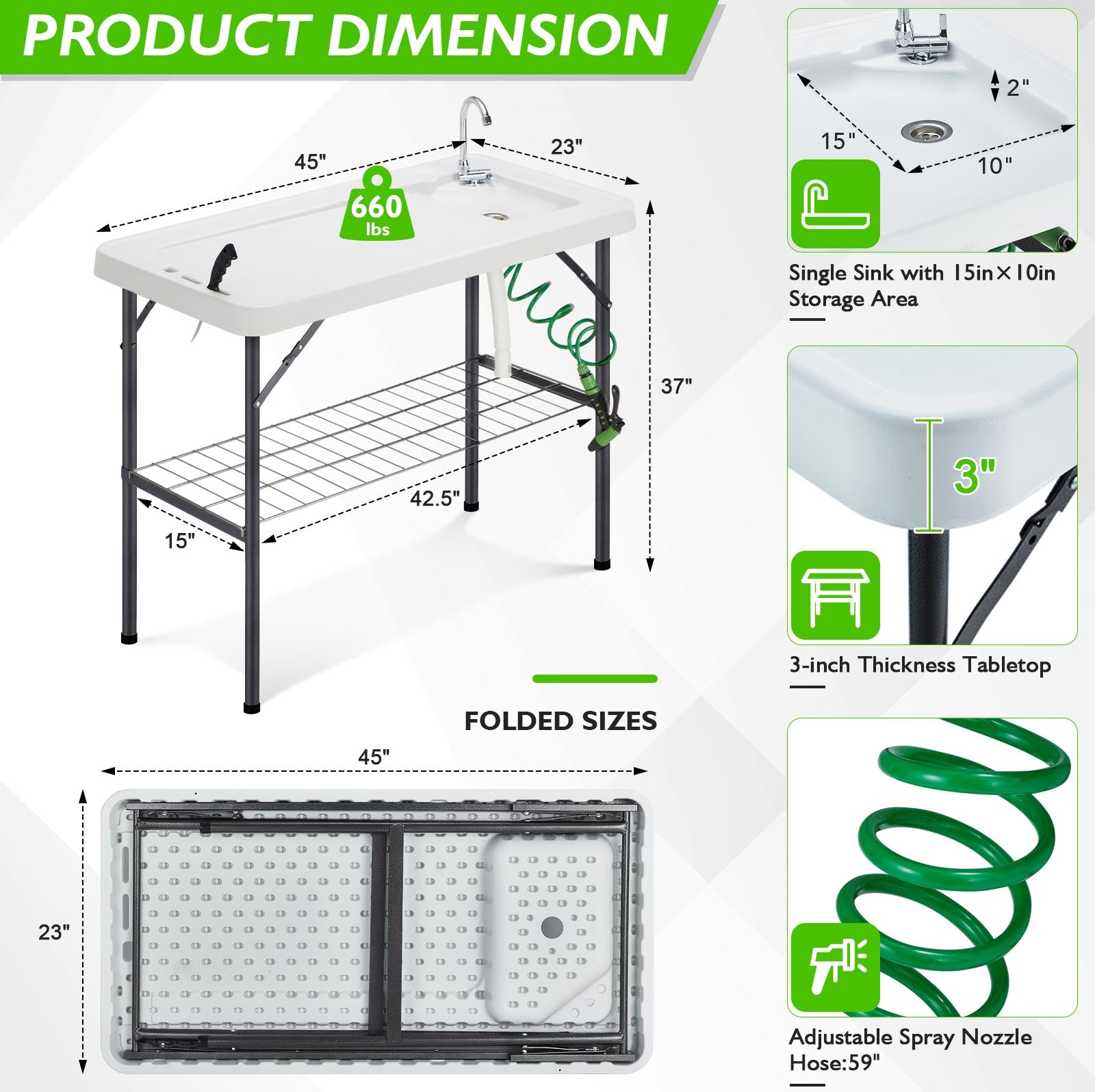 AHB® Folding Fish Cleaning Table Portable Camping Sink with Faucet Drainage Hose & Sprayer