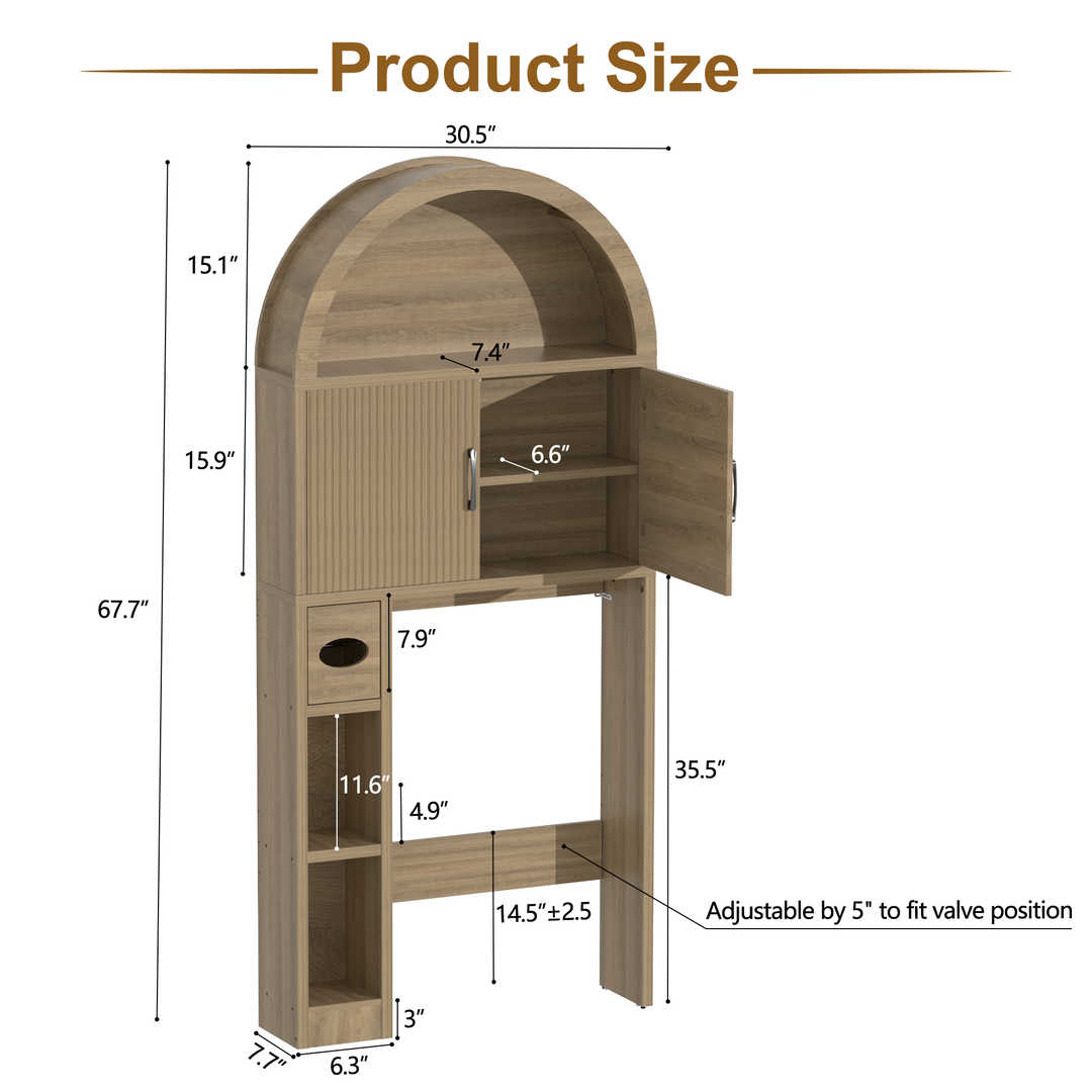 Over The Toilet Storage Cabinet with Wood Grain Doors and Arc Design