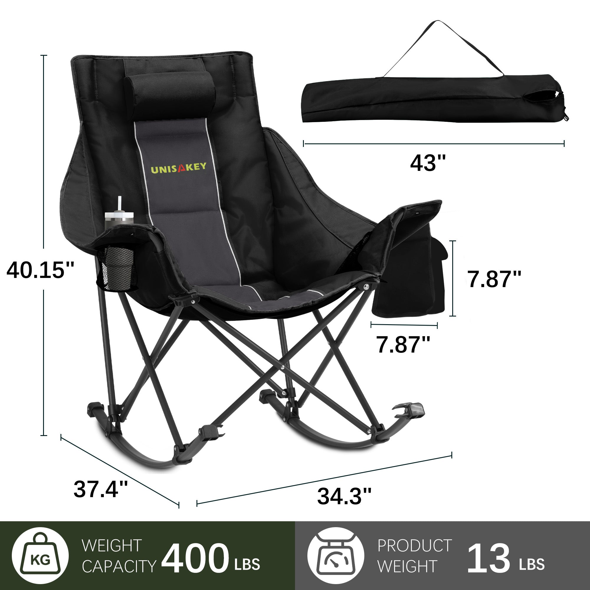 Oversized Rocking Camping Chair with Headrest & Cup Holder - 400lbs Capacity, 600D Oxford Fabric