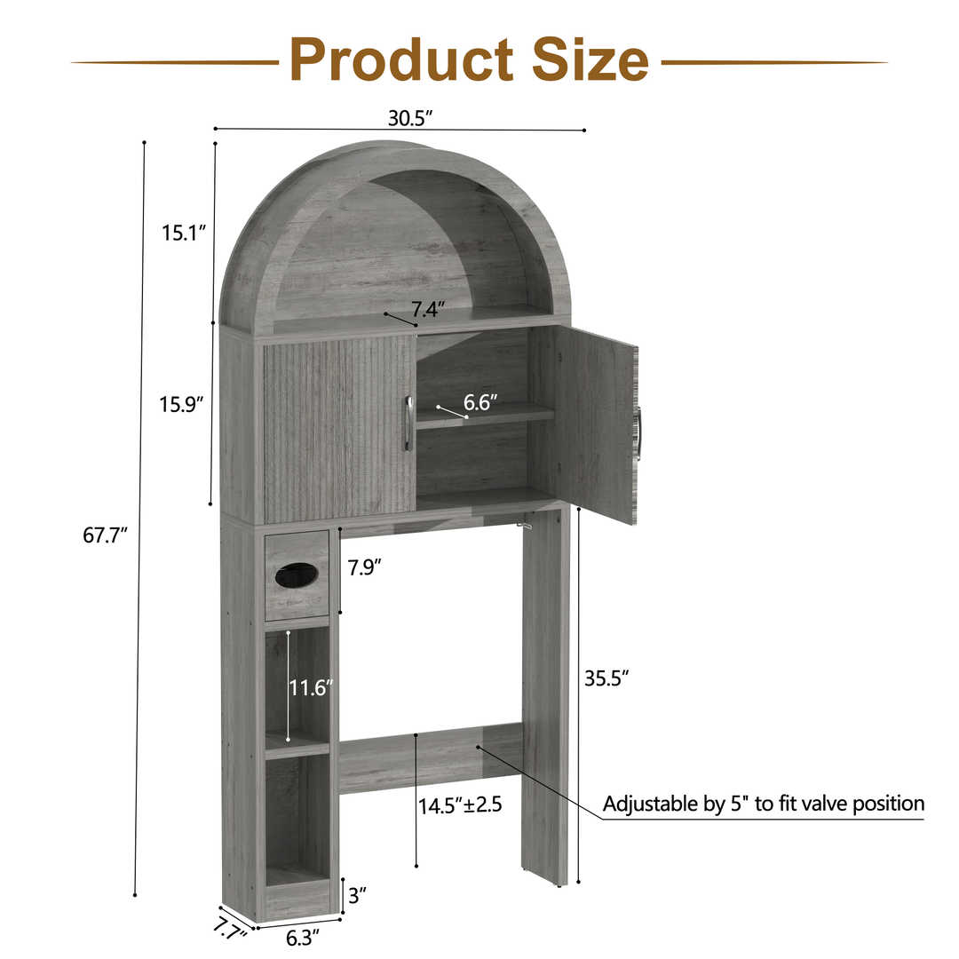 Over The Toilet Storage Cabinet with Wood Grain Doors and Arc Design