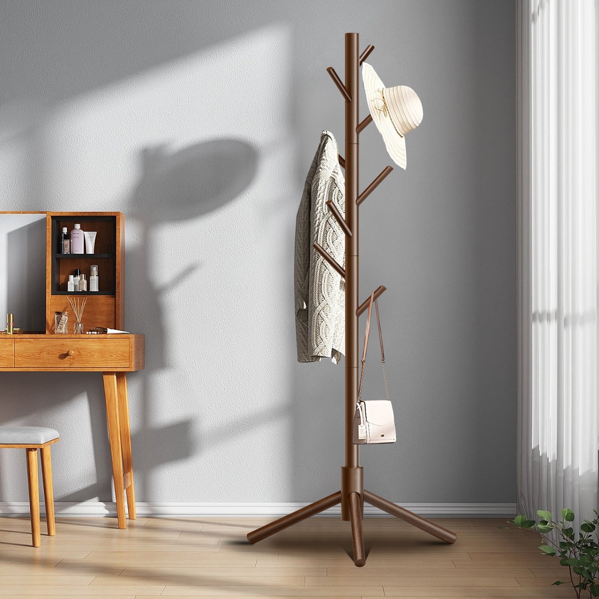 Durable Wooden Coat Rack, Freestanding Coat Rack, 8 Hooks & 3 Adjustable Heights