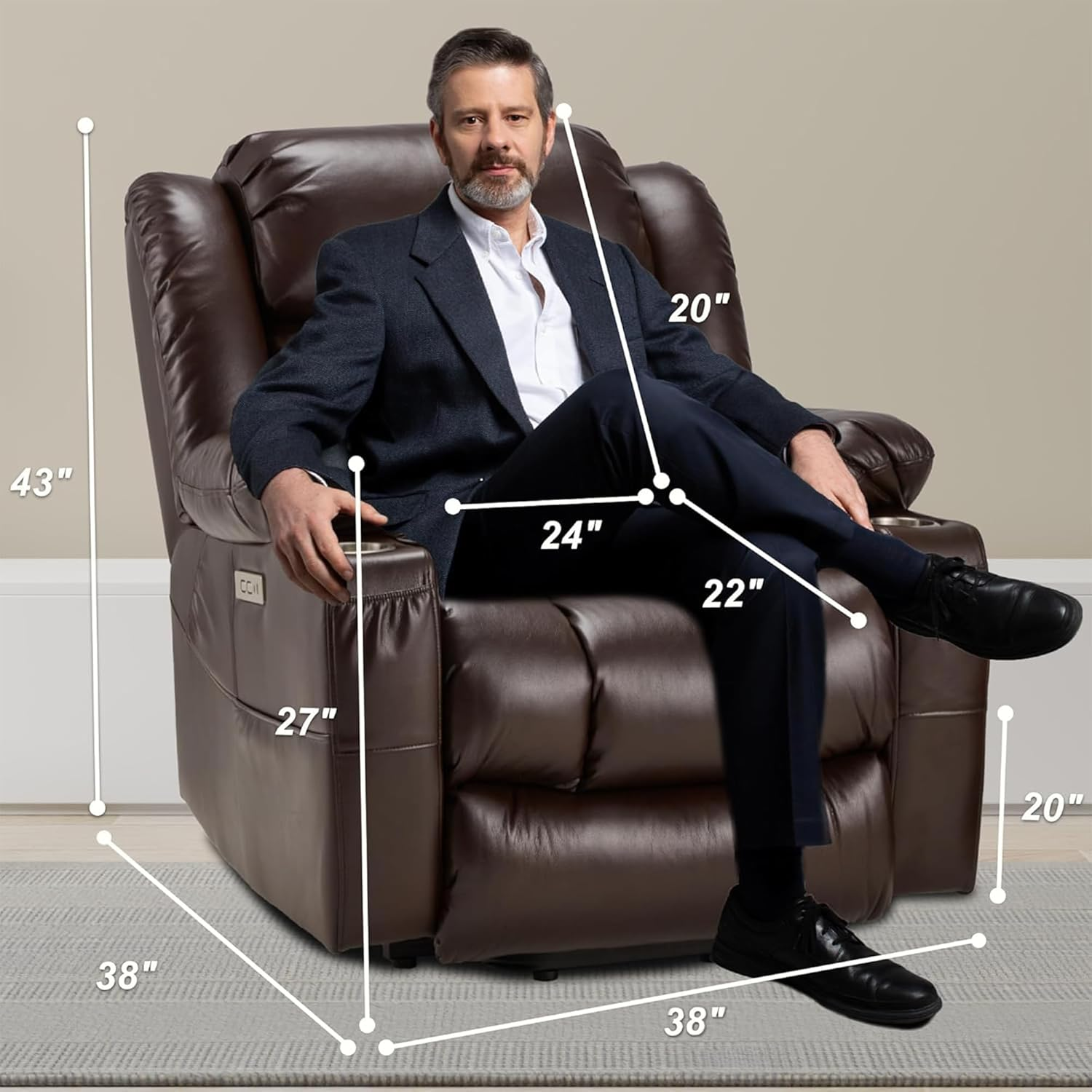 AHB® Power Lift Recliner Leather Chair Sofa with Massage & Heat, Lazy Boy Chair with Cup Holders, USB & Type-C Ports, Remote Control
