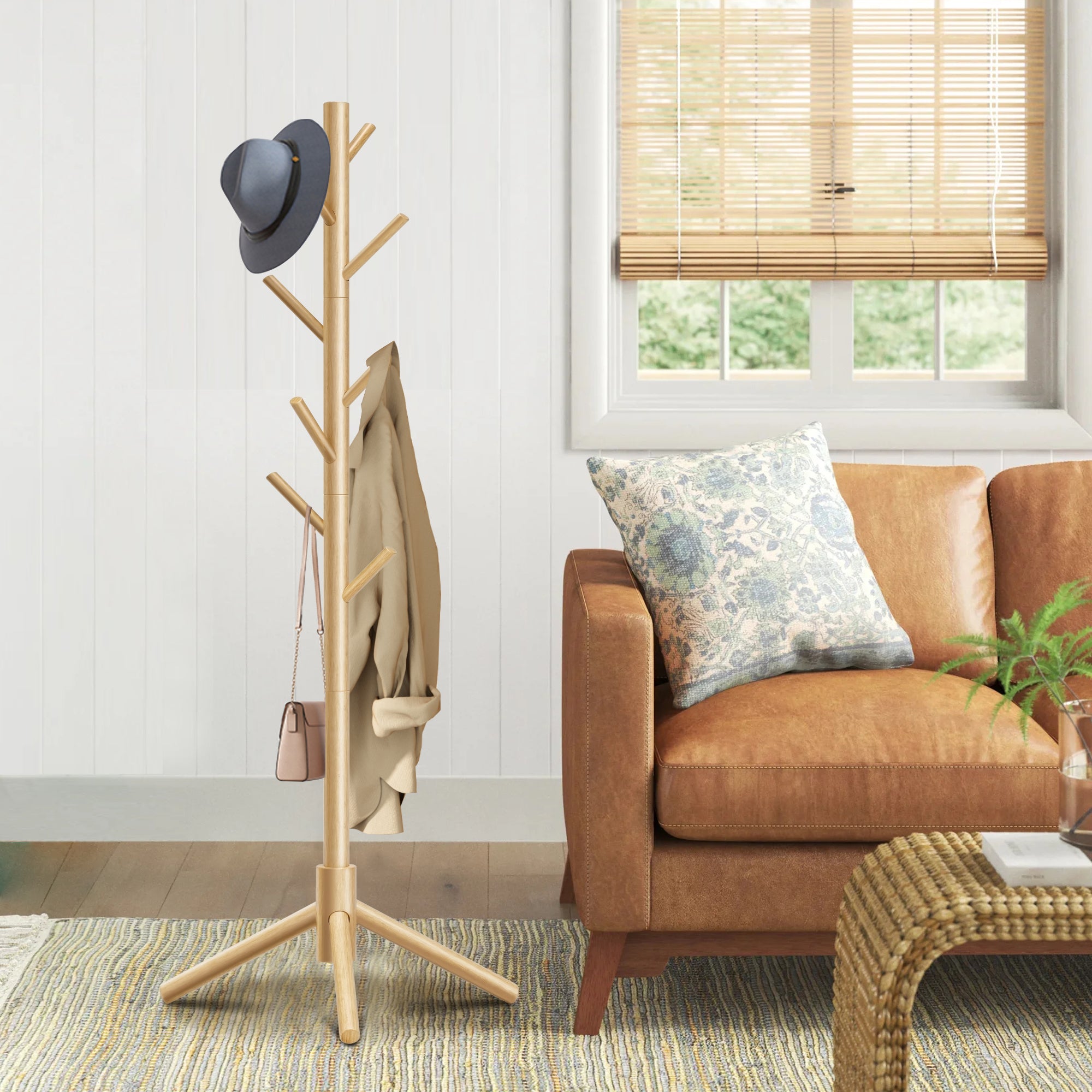 Durable Wooden Coat Rack, Freestanding Coat Rack, 8 Hooks & 3 Adjustable Heights