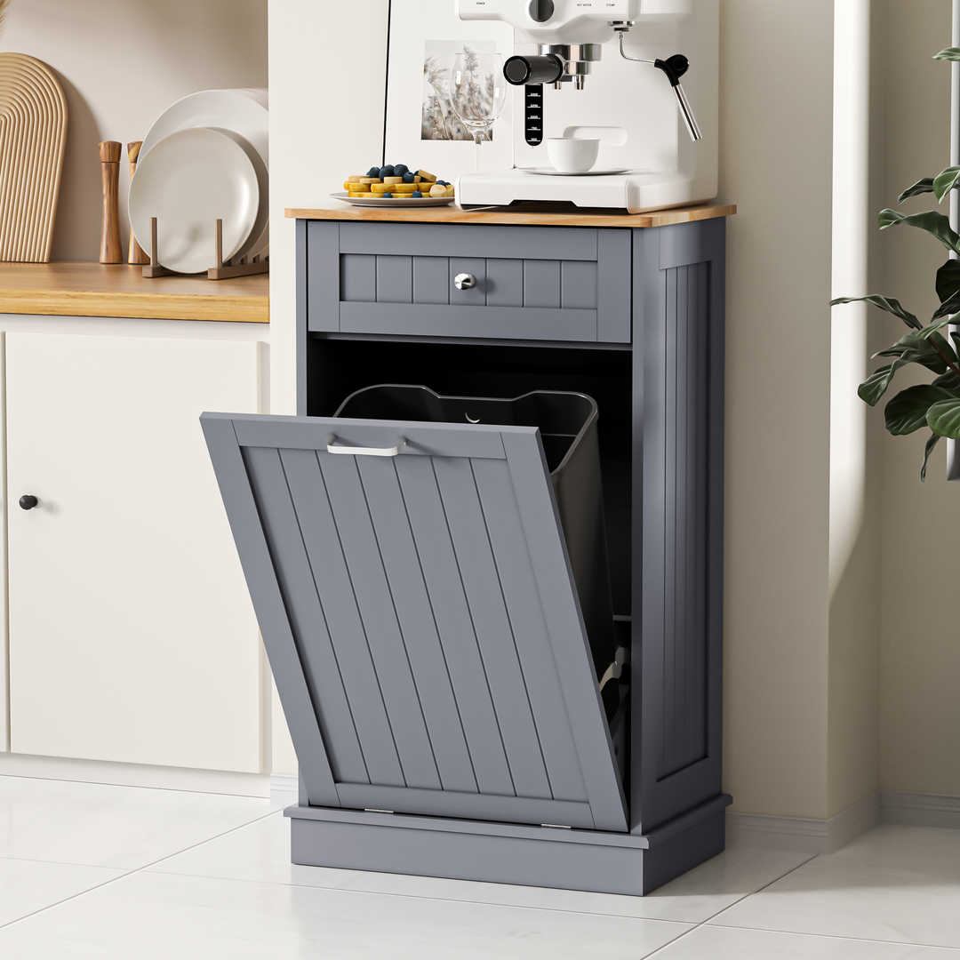 Single Tilt Out Trash Cabinet for 13 Gallon Waste Bin, Free Standing Kitchen Trash Can Cabinet with Drawers
