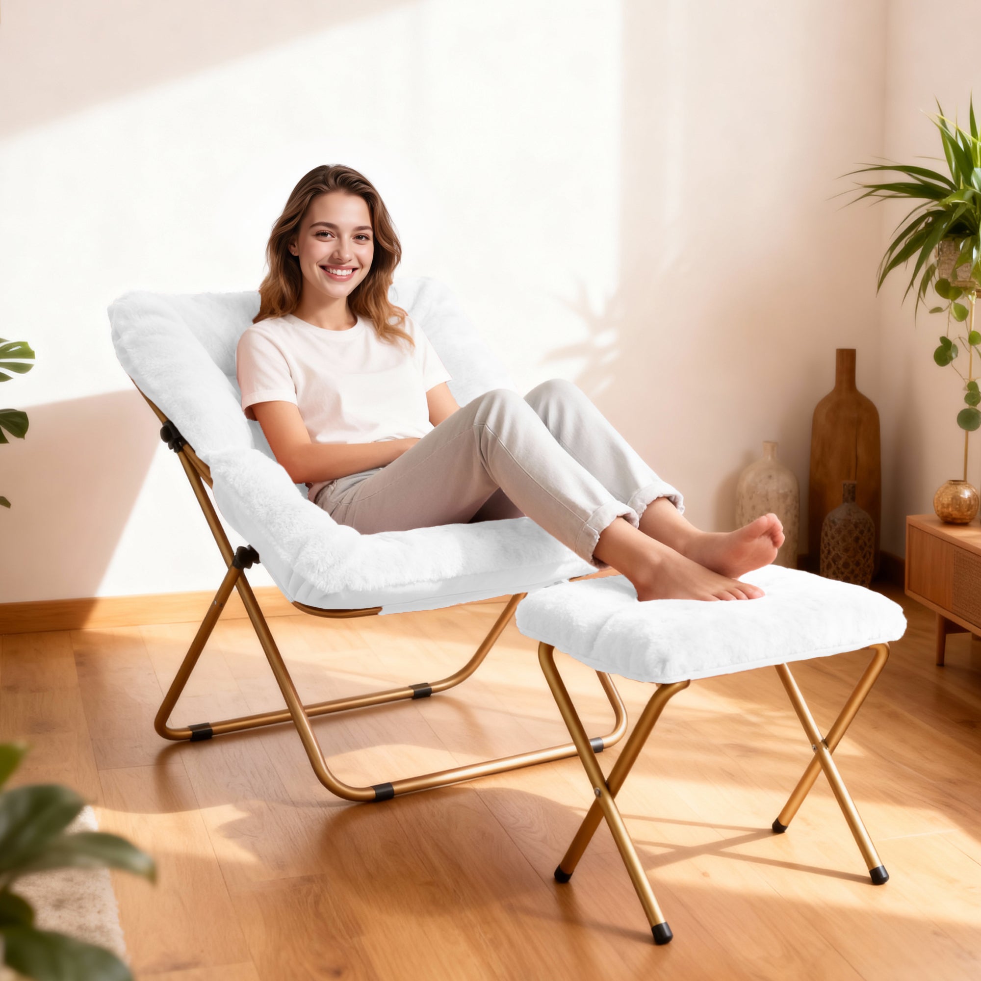 Comfy Saucer Chair, Foldable Living Room Chairs, Soft Faux Fur Lounge Chair for Bedroom, Reading Chairs for Adults,Teens, X-Large