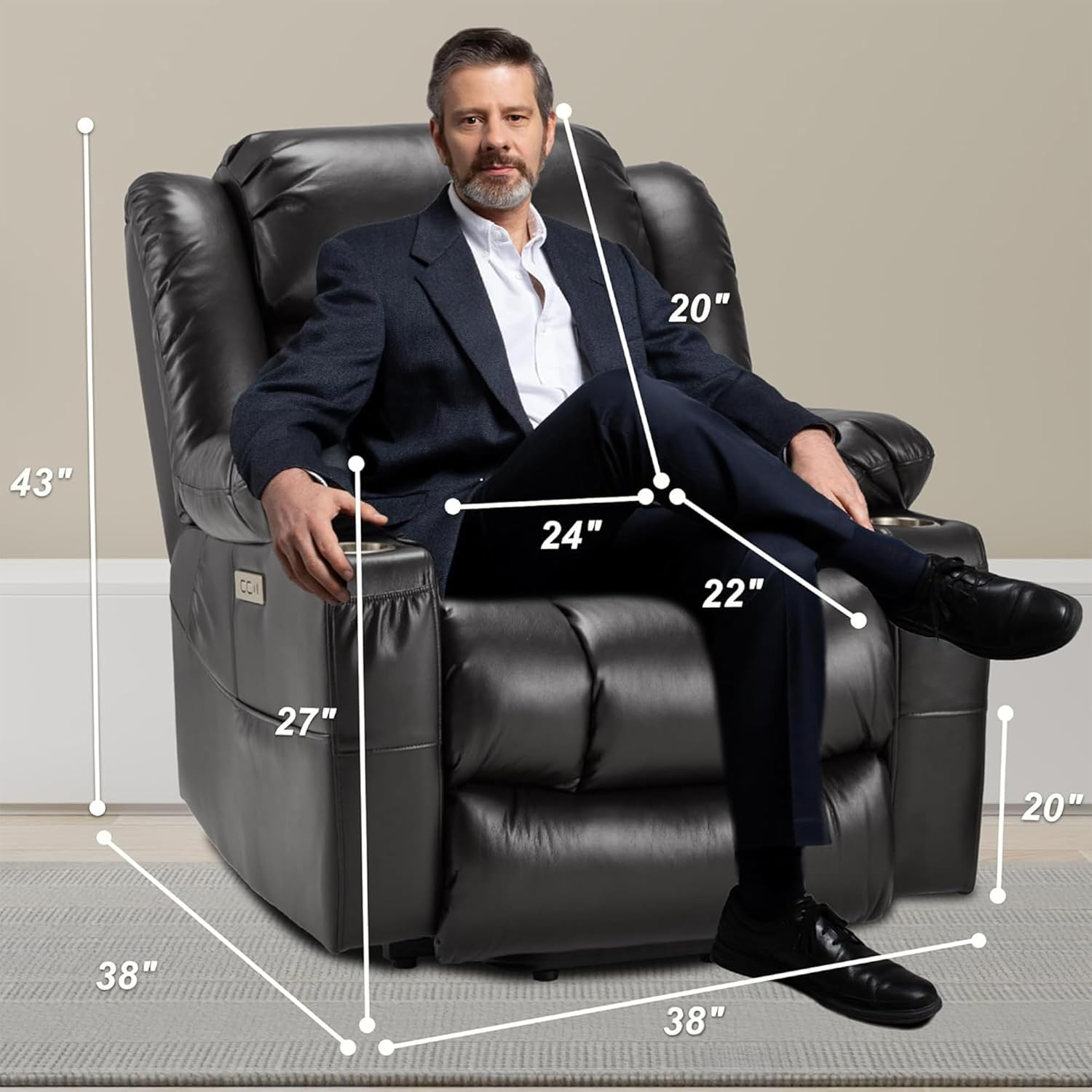 AHB® Power Lift Recliner Leather Chair Sofa with Massage & Heat, Lazy Boy Chair with Cup Holders, USB & Type-C Ports, Remote Control
