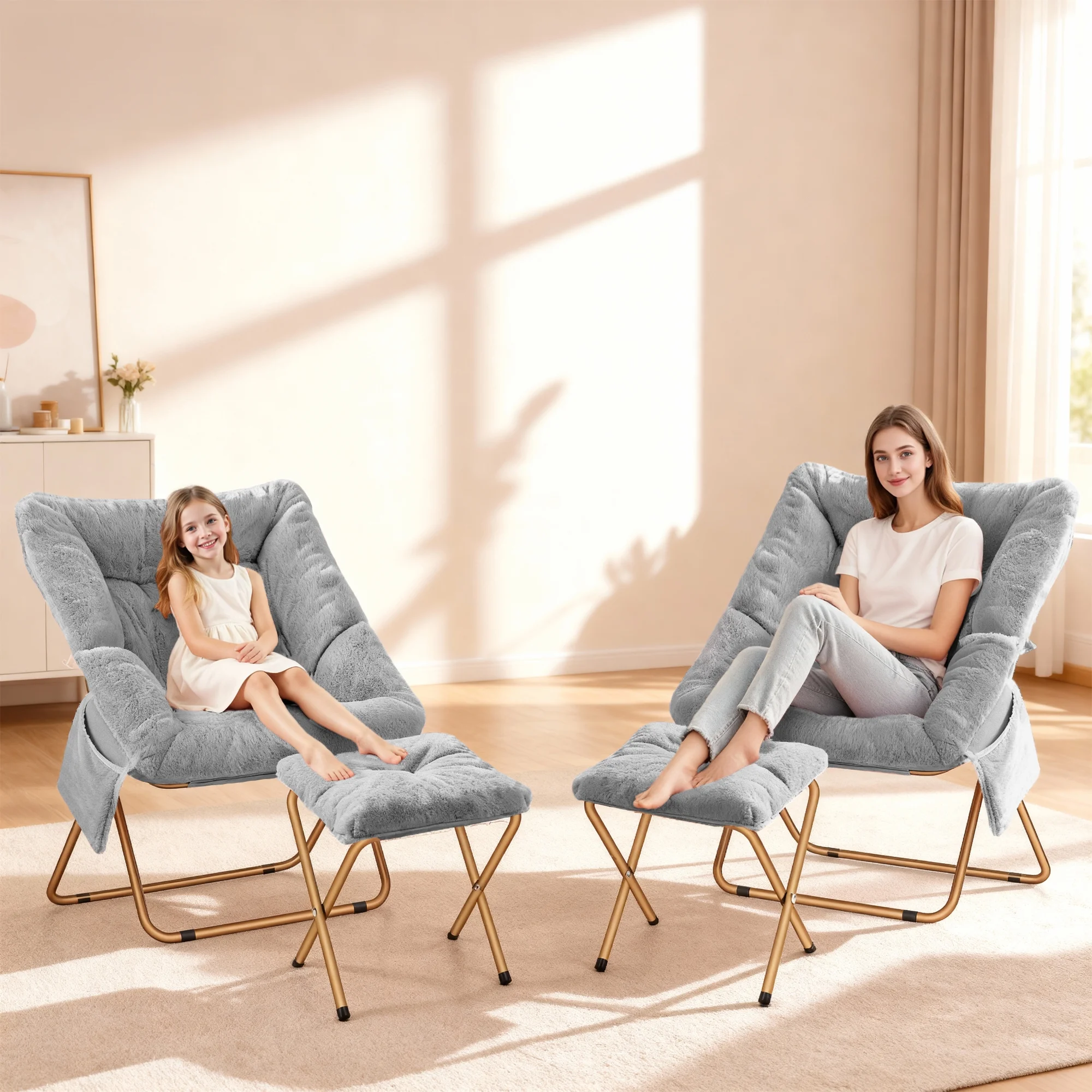 Comfy Saucer Chair, Foldable Living Room Chairs, Soft Faux Fur Lounge Chair for Bedroom, Reading Chairs for Adults,Teens, X-Large