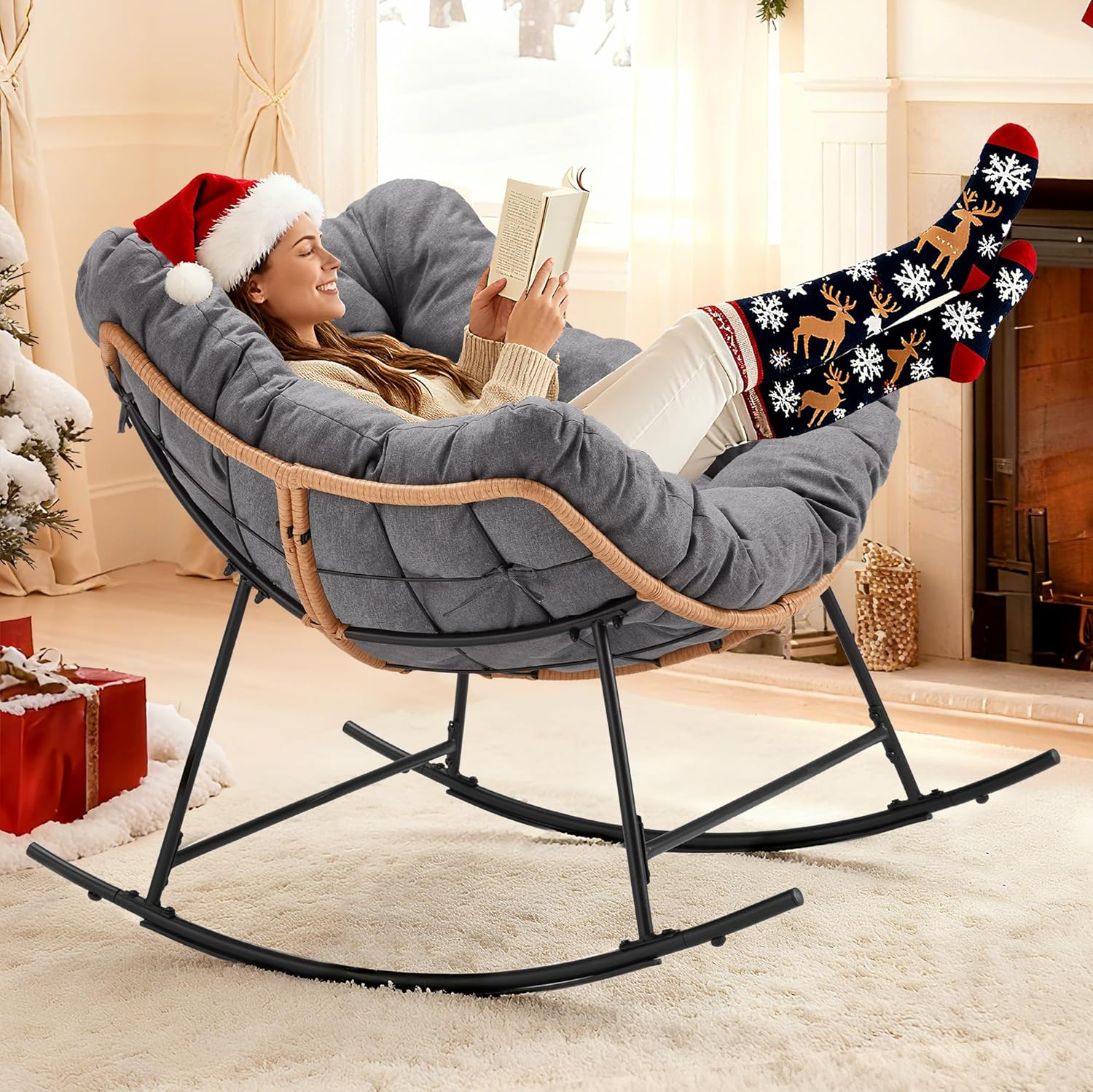 AHB® Oversized Indoor Rocking Chair with Thick Cushion, Cozy Egg-Shaped Wicker for Bedroom, Living room, Patio, Courtyard