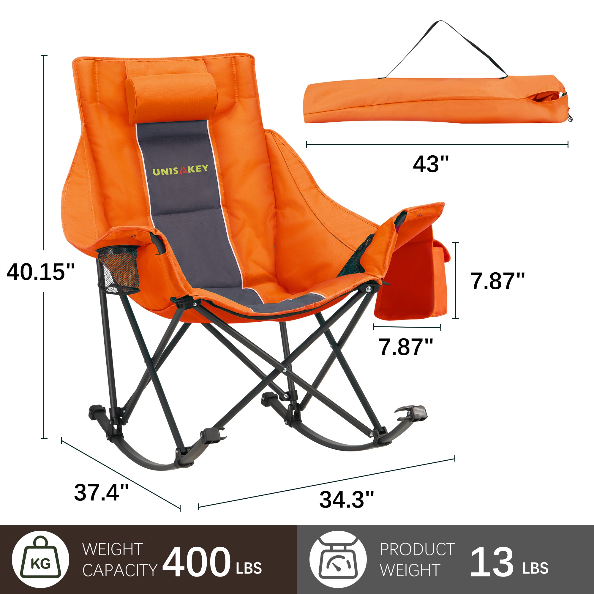 Oversized Rocking Camping Chair with Headrest & Cup Holder - 400lbs Capacity, 600D Oxford Fabric