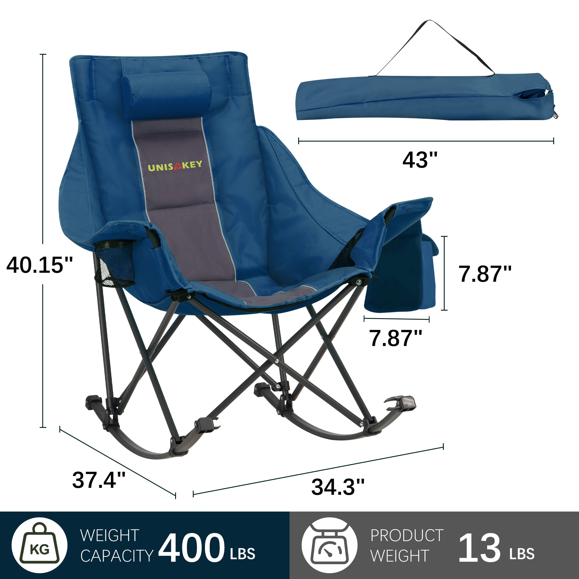 Oversized Rocking Camping Chair with Headrest & Cup Holder - 400lbs Capacity, 600D Oxford Fabric