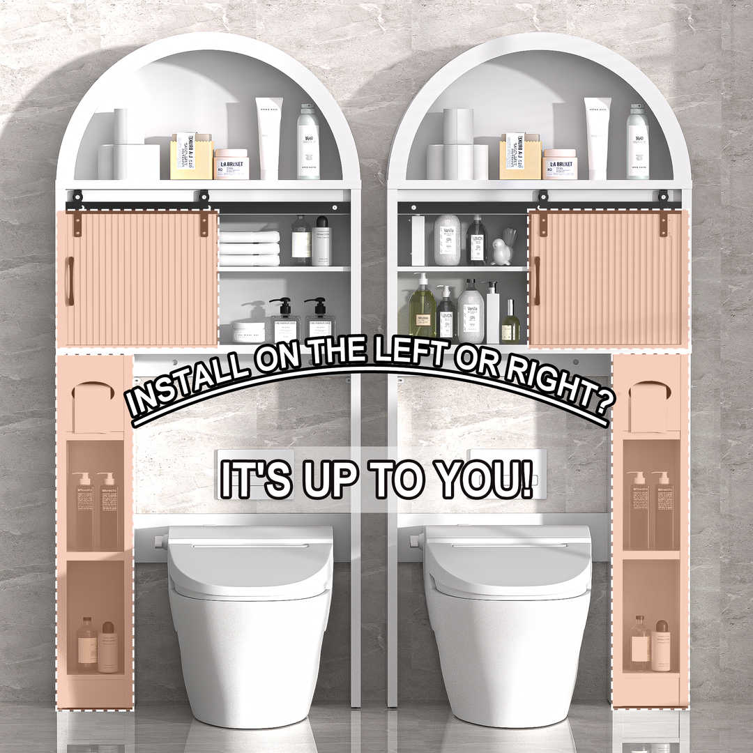 Over The Toilet Storage Cabinet with Wood Grain Doors and Arc Design