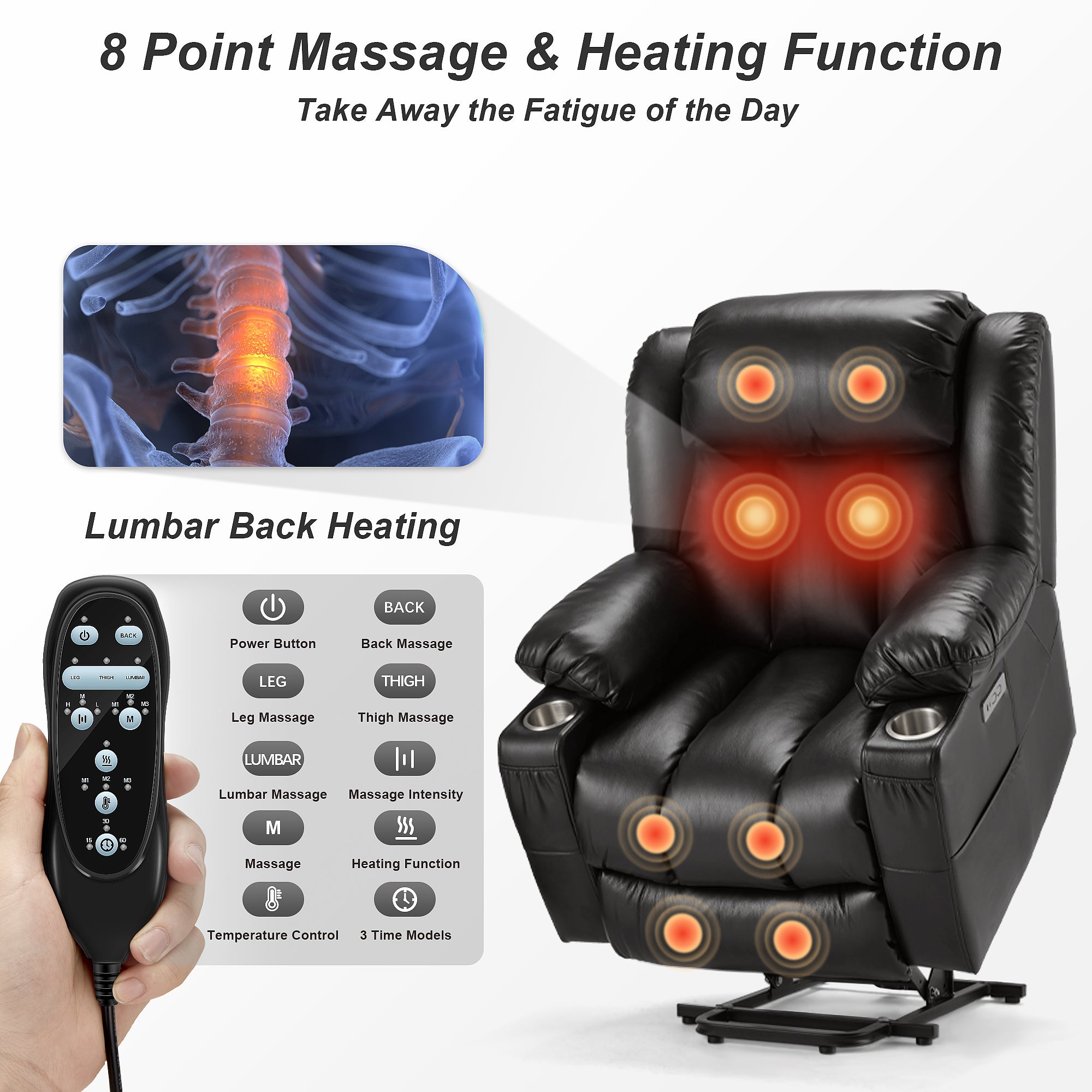 AHB® Power Lift Recliner Leather Chair Sofa with Massage & Heat, Lazy Boy Chair with Cup Holders, USB & Type-C Ports, Remote Control