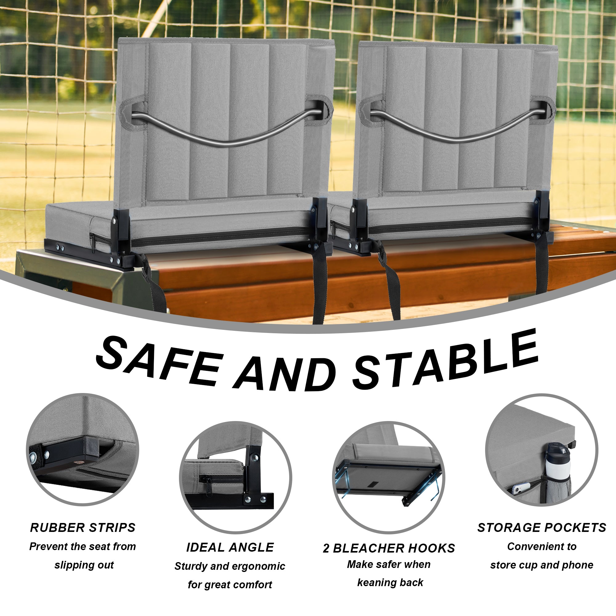 AHB® Stadium Seat for Bleachers with Back Support and Cushion, Bleacher Seats with Shoulder Strap and Cup Holder, Padded Portable Folding Comfort Stadium Chair, for Sports Events, Grey