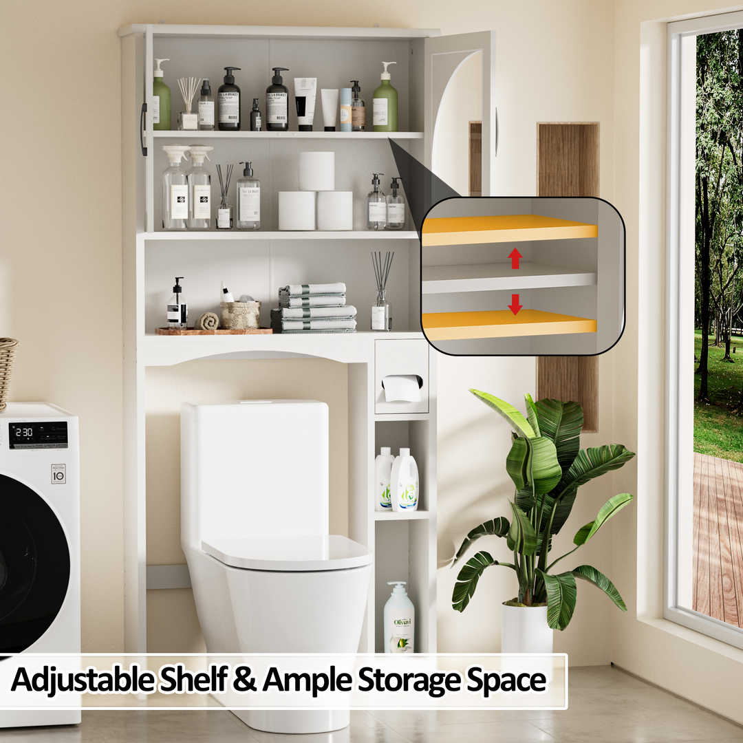 Over The Toilet Storage Cabinet with Wood Grain Doors and Arc Design