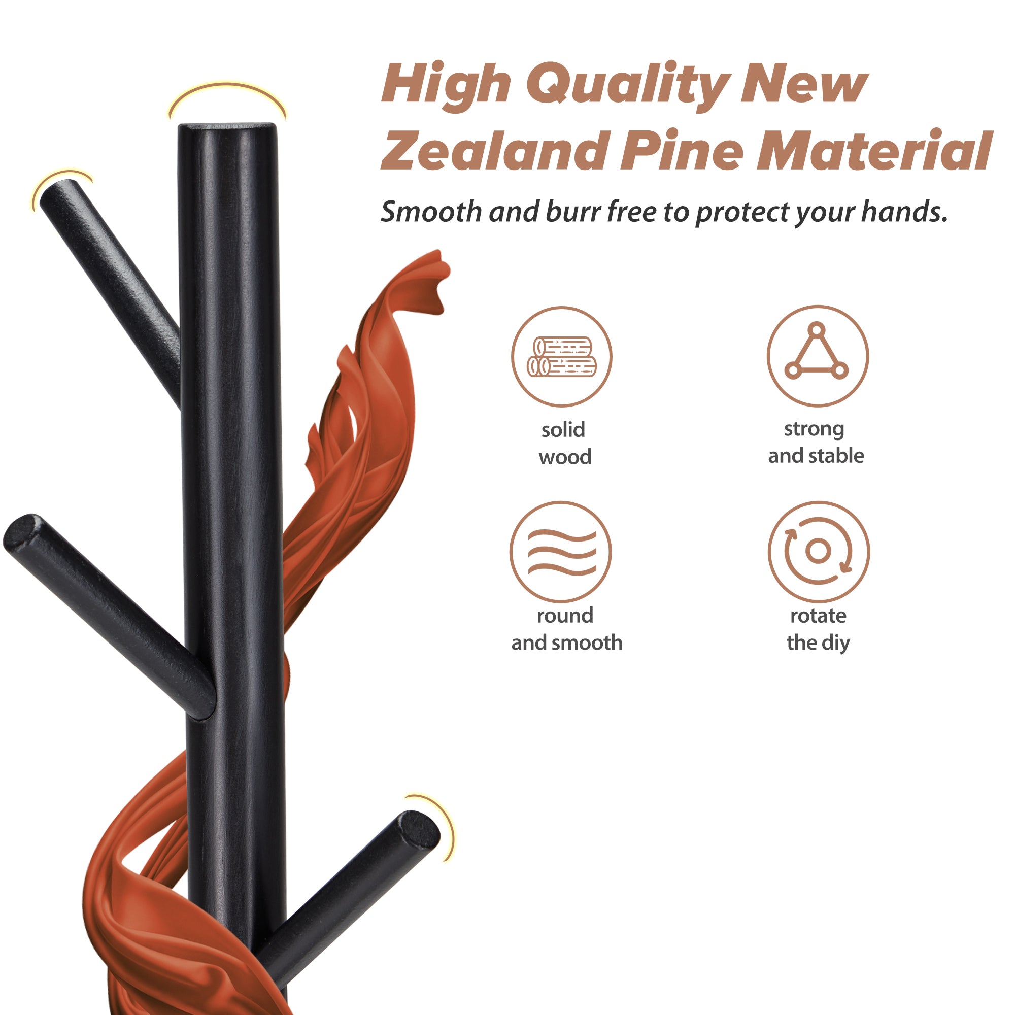 Durable Wooden Coat Rack, Freestanding Coat Rack, 8 Hooks & 3 Adjustable Heights