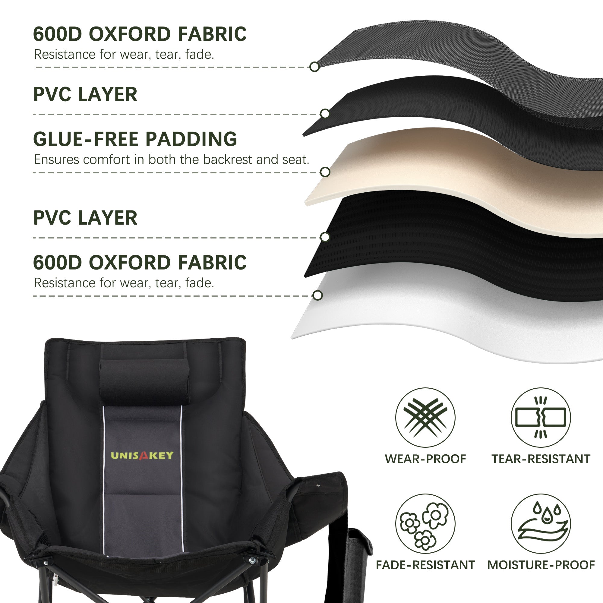 Oversized Rocking Camping Chair with Headrest & Cup Holder - 400lbs Capacity, 600D Oxford Fabric